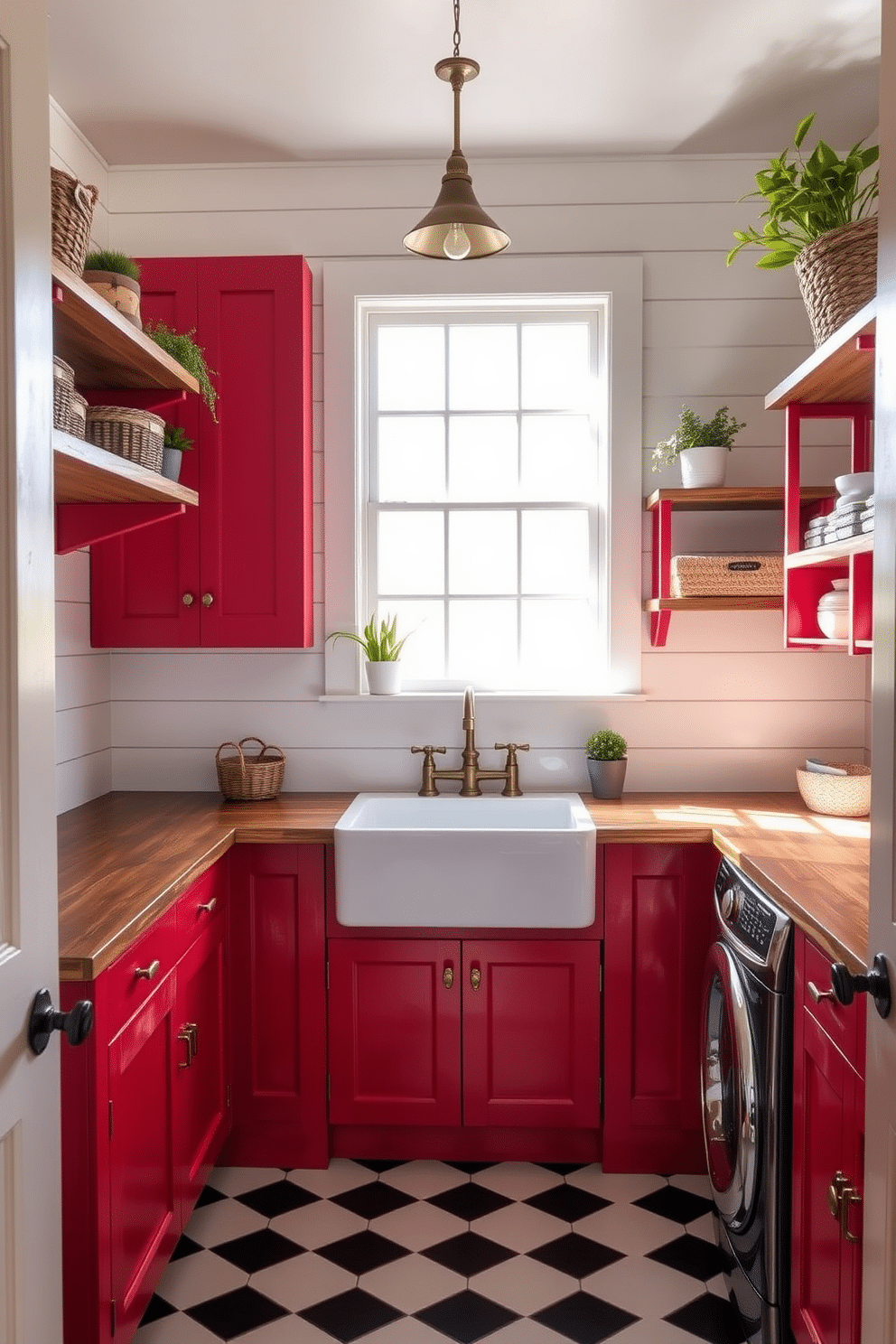 A charming farmhouse laundry room features vibrant red cabinetry with a distressed finish, providing a striking contrast against the soft white shiplap walls. The room is illuminated by natural light streaming in through a large window, highlighting the rustic wooden shelves adorned with decorative baskets and plants. In the center of the space, a farmhouse sink sits atop a wooden countertop, flanked by stylish brass fixtures. The floor is covered in a classic black and white checkered tile, adding a timeless touch to this functional yet inviting laundry area.