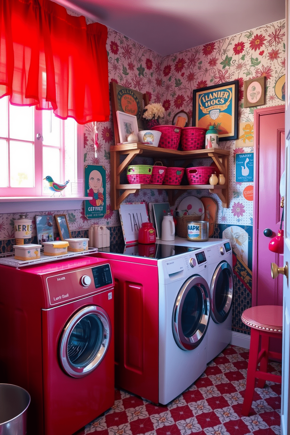 An eclectic laundry room filled with vibrant red accents creates a lively atmosphere. The walls are adorned with a mix of patterned wallpaper and bold art pieces, while a vintage red washing machine stands out against the backdrop. A rustic wooden shelf displays colorful baskets and quirky decor items, adding character to the space. Bright red curtains frame the window, allowing natural light to enhance the room's energetic vibe.