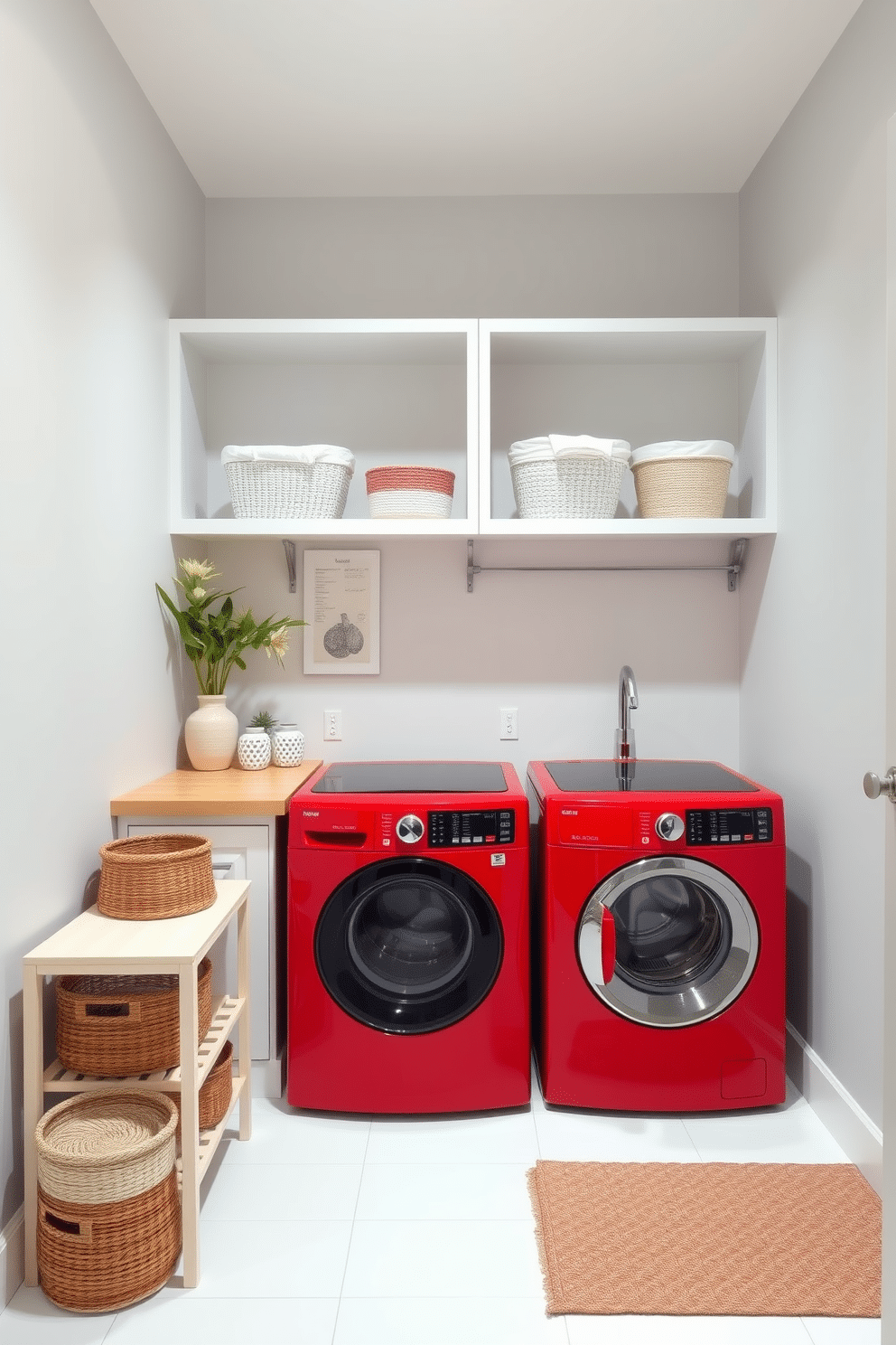 A bright and cheerful laundry room featuring bold red appliances that stand out against a crisp white backdrop. The space includes a sleek red washer and dryer set, complemented by open shelving above for storage and organization. The walls are painted a soft gray, creating a modern contrast with the vibrant red. A stylish countertop in a light wood finish provides ample space for folding laundry, while decorative baskets add a touch of warmth and functionality.