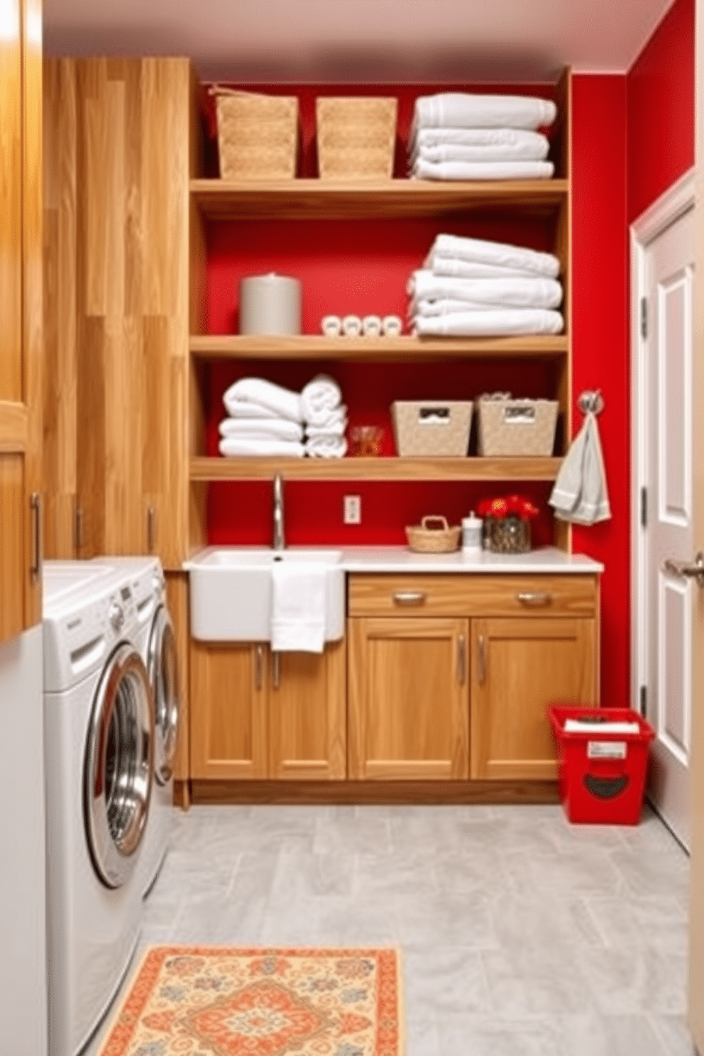 A vibrant laundry room featuring a striking red accent wall paired with natural wood cabinetry. The space includes a large farmhouse sink with a brushed nickel faucet, and open shelving made of reclaimed wood displaying neatly folded towels and laundry essentials. The flooring is a light gray tile that complements the red and wood elements, creating a warm yet energetic atmosphere. A vintage-inspired rug adds a touch of charm, while stylish storage bins in coordinating colors keep the area organized and inviting.