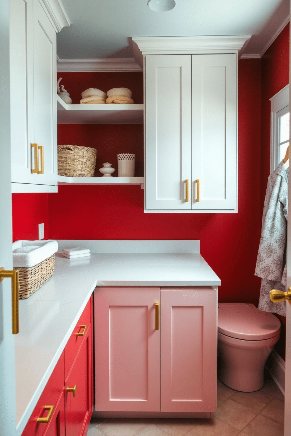 Chic red laundry room featuring elegant gold fixtures. The walls are painted a vibrant red, complemented by sleek cabinetry with gold handles and accents. A spacious countertop made of white quartz provides ample space for folding clothes. Stylish baskets and decorative items are neatly arranged on the shelves, adding a touch of personality to the room.