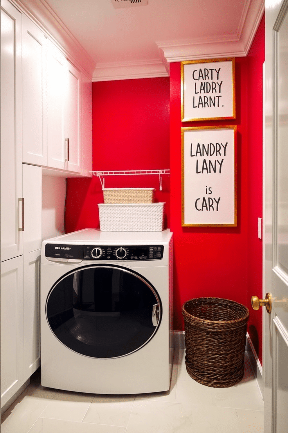 A vibrant laundry room featuring striking red walls adorned with framed art prints that celebrate the joy of laundry day. The space is equipped with sleek white cabinetry and a modern washer and dryer, creating a stylish yet functional environment.