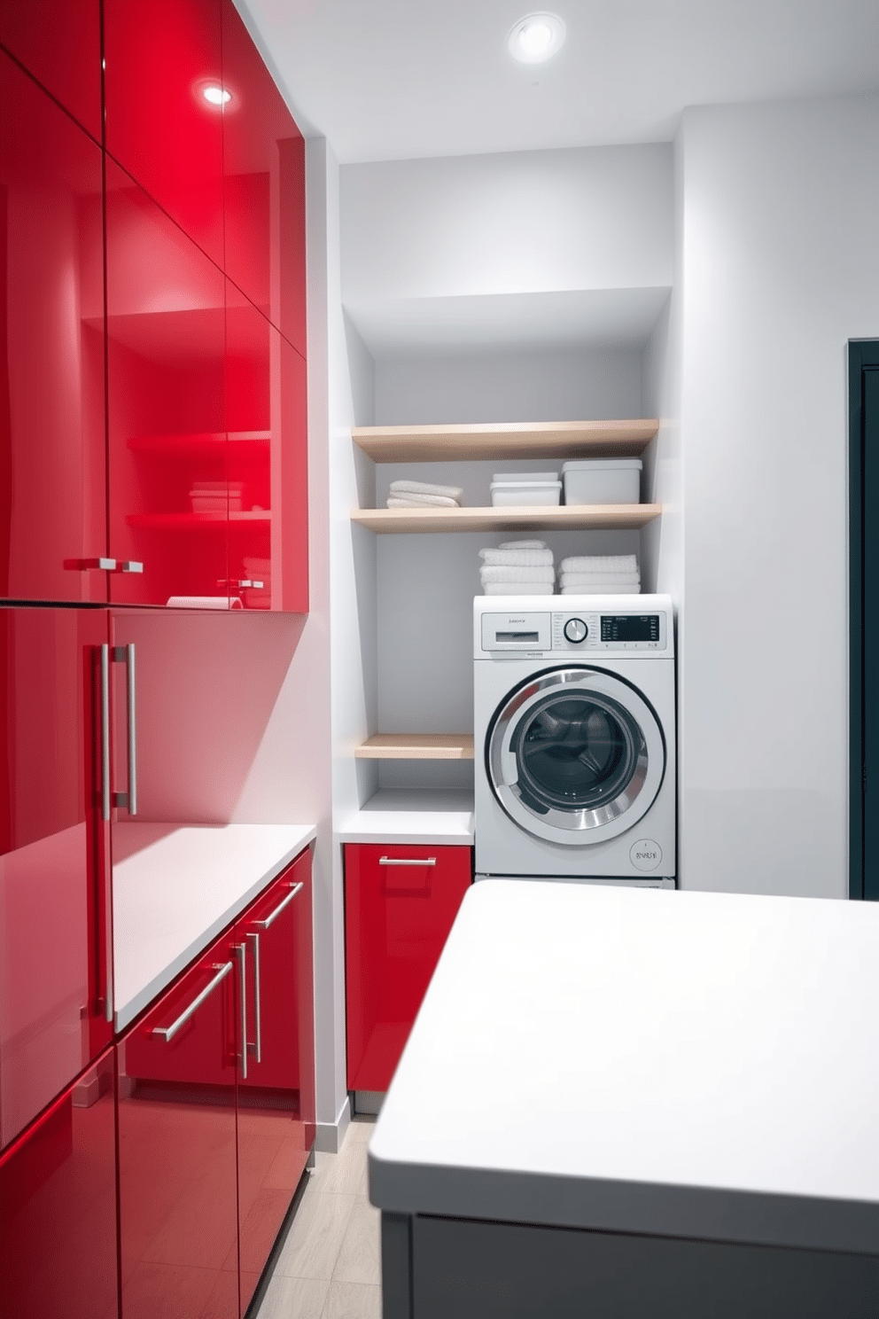 A modern minimalist laundry room features sleek red cabinetry with a glossy finish, complemented by a white countertop for a clean contrast. The space is illuminated by recessed lighting, highlighting the organized shelves and a stylish, compact washer and dryer set seamlessly integrated into the design.