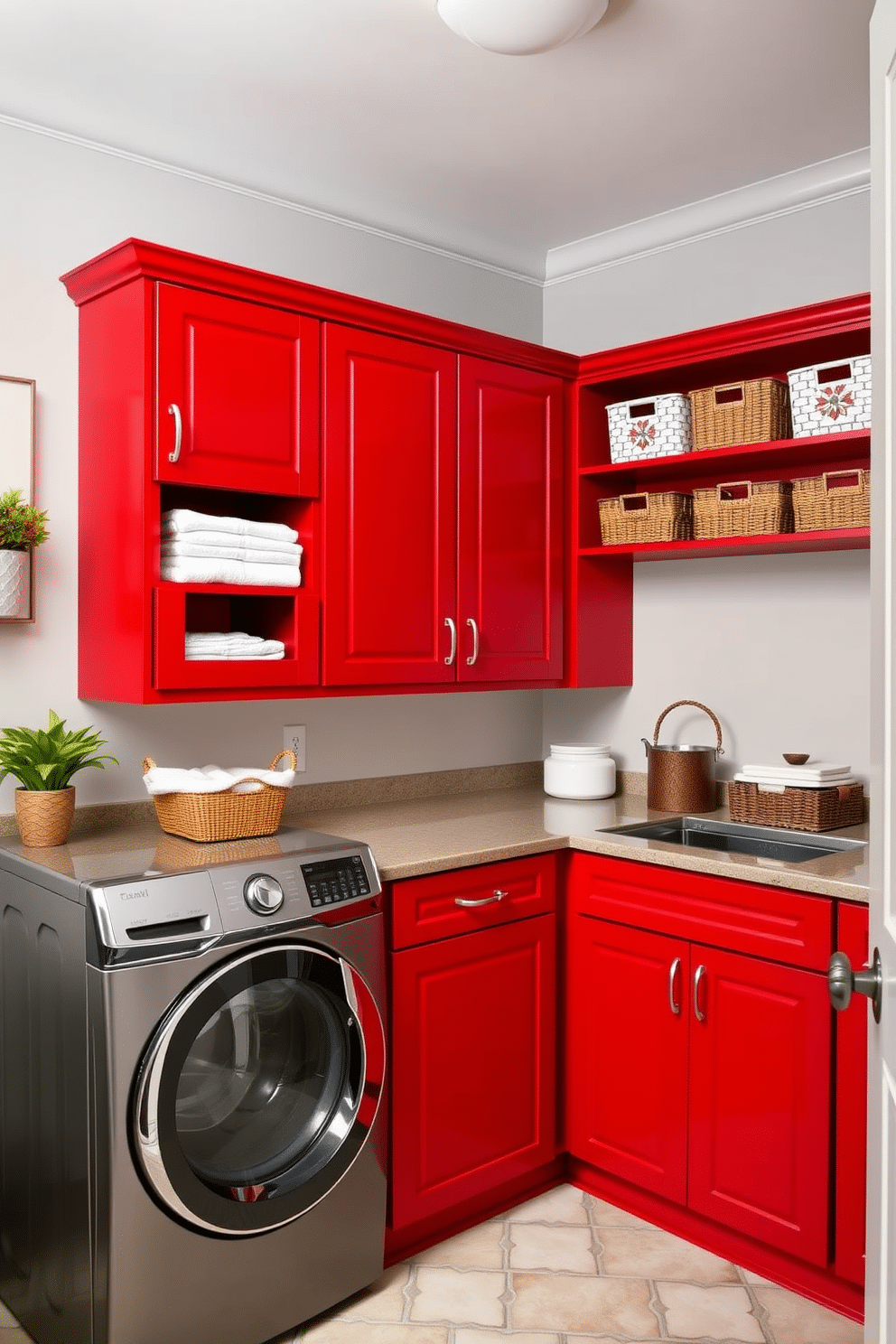 A vibrant laundry room featuring bold red cabinetry that contrasts beautifully with soft gray walls. The space is organized with open shelving above the cabinets, showcasing neatly folded towels and decorative storage bins.