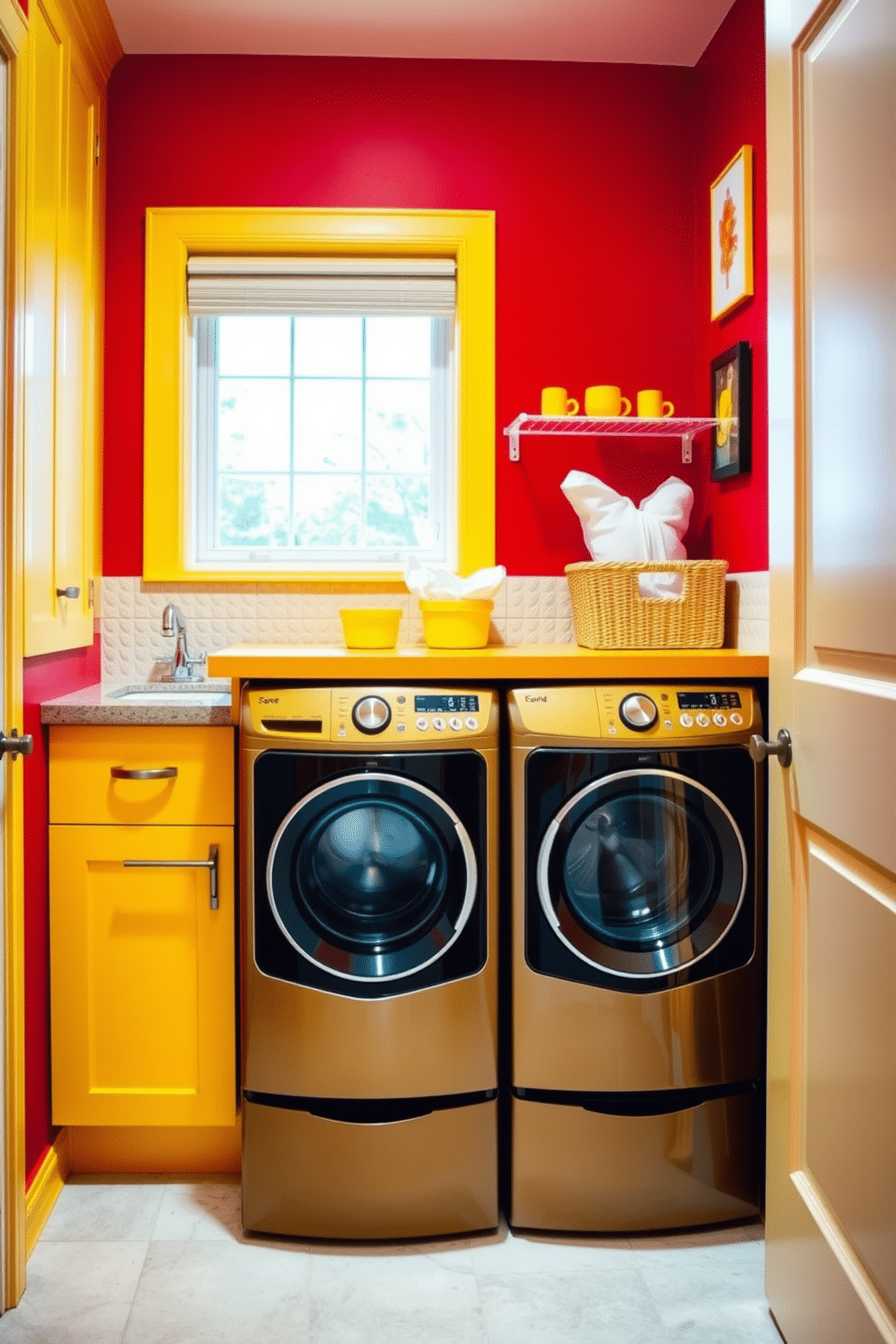 A vibrant laundry room featuring bold red and yellow contrasts. The walls are painted a striking red, complemented by yellow cabinetry and accents that create a cheerful atmosphere. The space includes a sleek, modern washer and dryer set, positioned side by side with a stylish folding countertop above. Bright yellow accessories, such as baskets and wall art, enhance the energetic vibe while maintaining functionality.