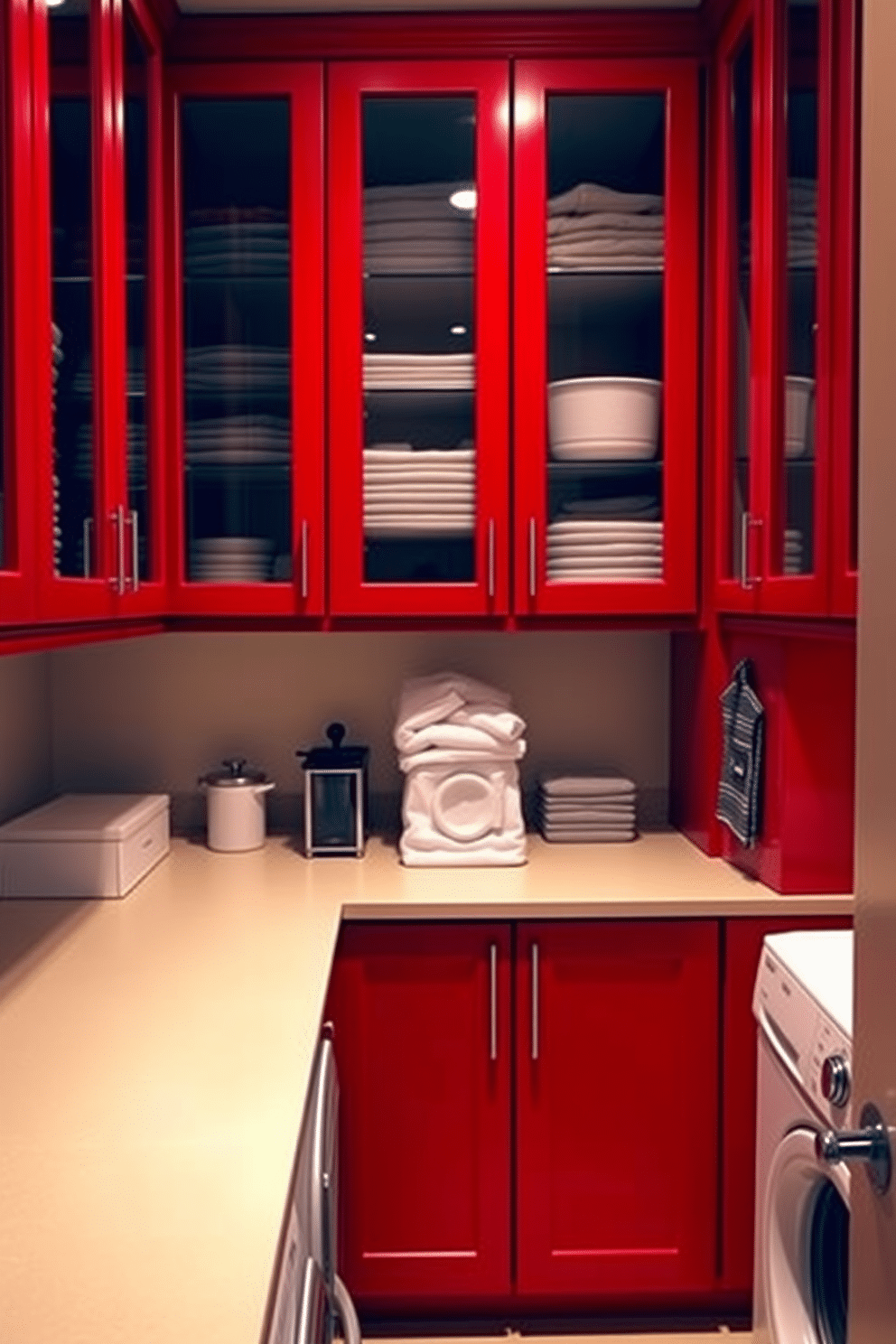 A stylish laundry room featuring bold red cabinets with glass front doors that showcase neatly organized storage. The space is illuminated by warm lighting, complementing the sleek countertop and modern appliances, creating an inviting and functional area for laundry tasks.