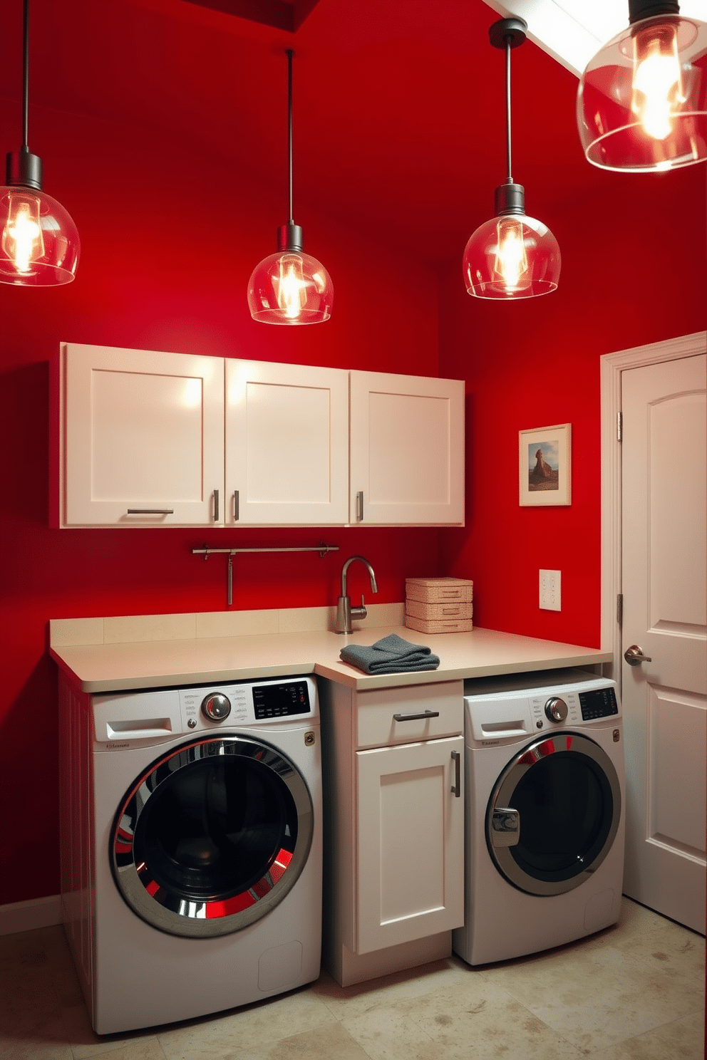 A stylish laundry room featuring vibrant red walls that create a bold and energetic atmosphere. Pendant lighting hangs from the ceiling, casting a warm glow over the space, enhancing the modern aesthetic. The room includes sleek white cabinetry for ample storage, seamlessly complementing the red tones. A spacious countertop for folding clothes is situated next to a state-of-the-art washer and dryer, ensuring functionality meets style.