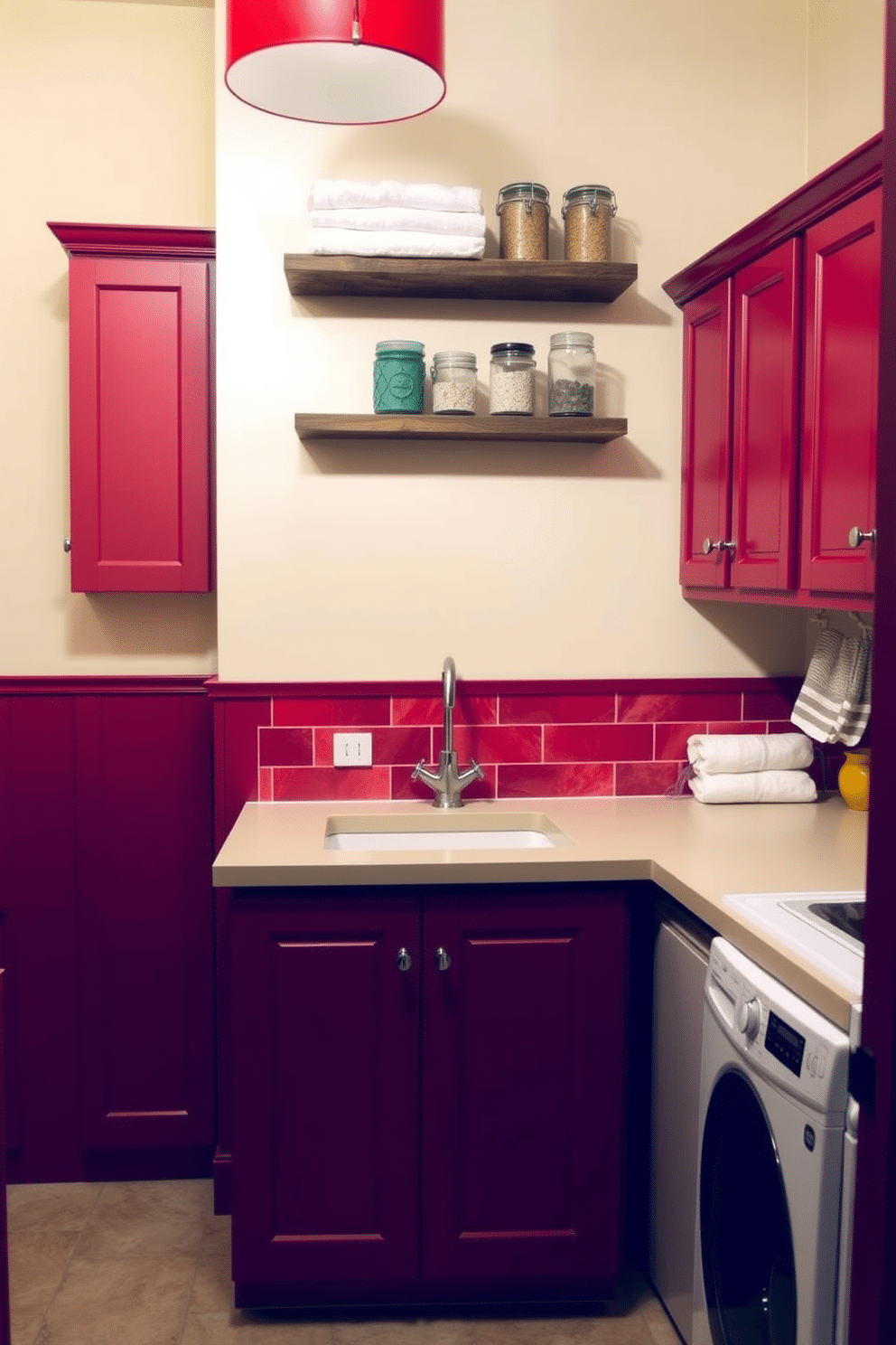 A cozy laundry room featuring a red and cream color palette that exudes warmth. The walls are painted a soft cream, while the cabinetry is a rich, deep red, providing a striking contrast. In the center, a spacious countertop in cream offers ample space for folding clothes, complemented by a stylish red backsplash. A rustic wooden shelf above the countertop displays neatly folded towels and decorative jars, adding a touch of charm.