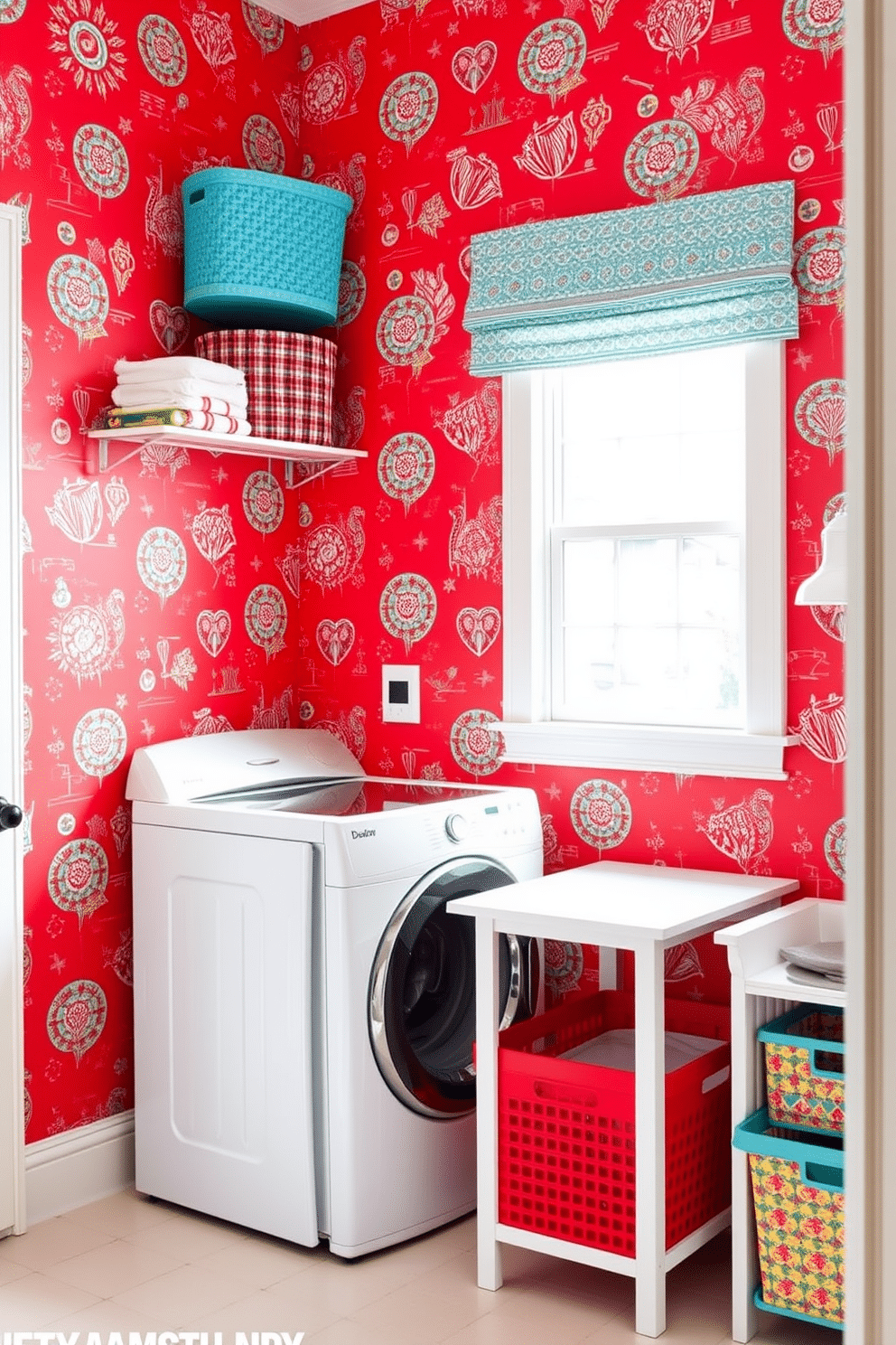 A vibrant laundry room featuring fun red wallpaper adorned with playful patterns, creating an energetic and cheerful atmosphere. The space includes a sleek white washer and dryer, complemented by a stylish folding table and colorful storage baskets.