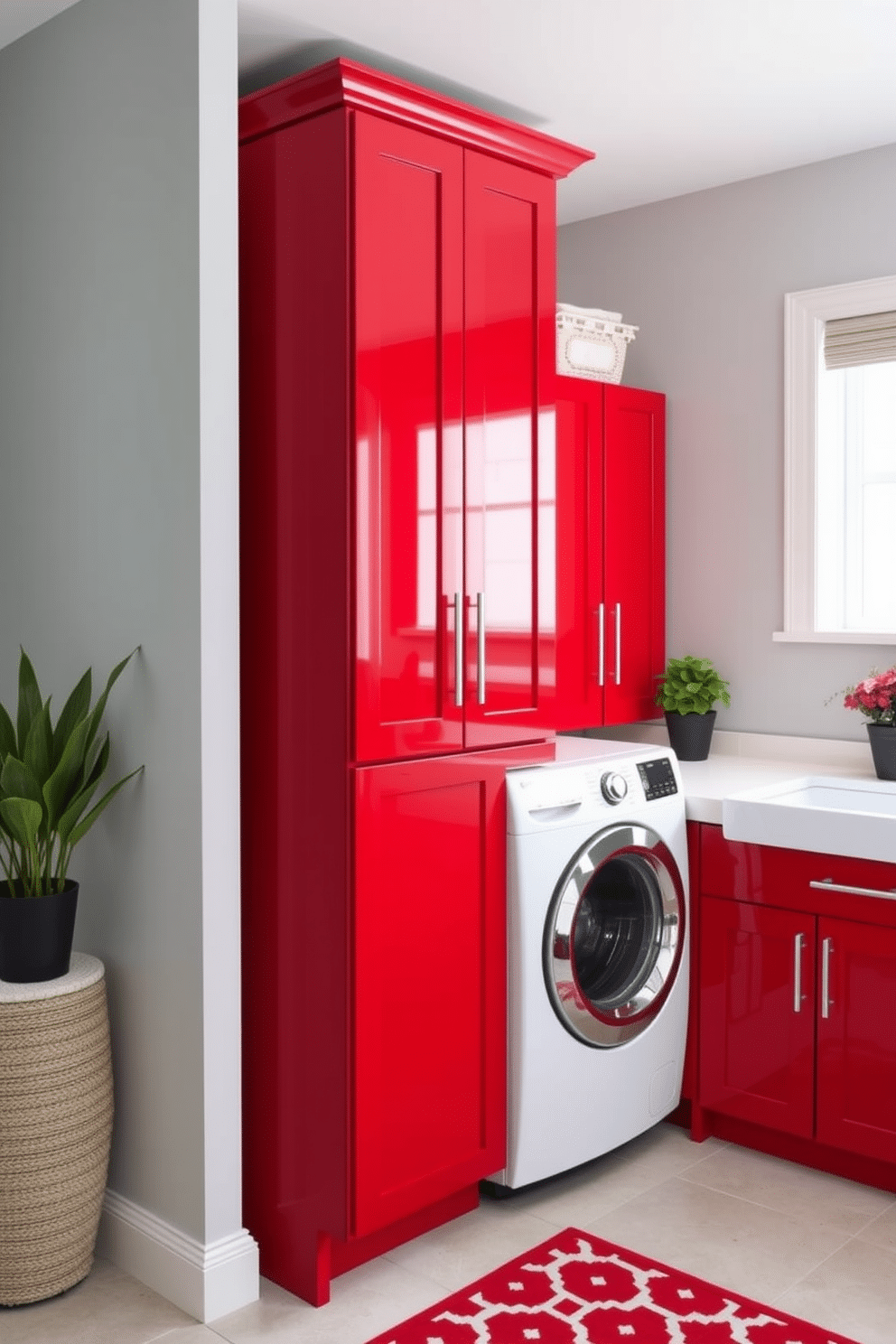 A stylish laundry room featuring red accents against a backdrop of neutral tones. The walls are painted a soft gray, while vibrant red cabinets provide a striking contrast, complemented by a sleek white countertop. In the center, a modern washer and dryer are seamlessly integrated into the cabinetry. Decorative elements include a red and white patterned rug on the floor and potted plants that add a touch of freshness to the space.