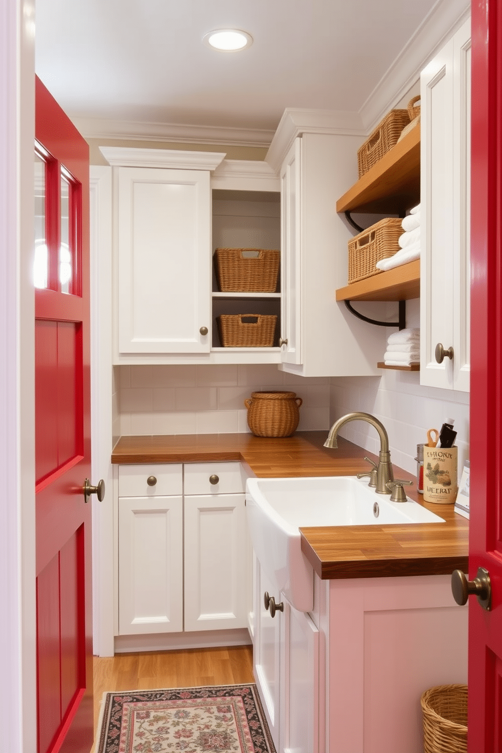 A bright red door with rustic charm welcomes you into a cozy laundry room. The space features white cabinets with vintage hardware, providing ample storage and a clean aesthetic. The laundry area is enhanced by a farmhouse-style sink with a brushed nickel faucet, perfectly complemented by a wooden countertop. A patterned rug adds warmth to the room, while open shelving displays neatly folded towels and decorative baskets.