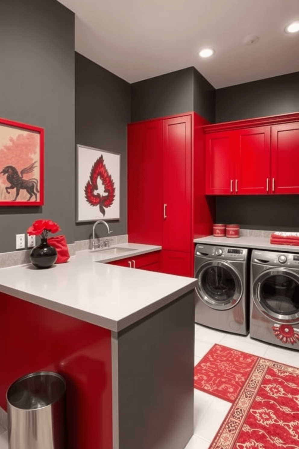 A stylish laundry room featuring a striking red and gray color scheme. The walls are painted in a deep gray, complemented by vibrant red cabinetry that provides ample storage space. A large, sleek countertop in a light gray hue extends across the room, perfect for folding clothes. Modern appliances in stainless steel add a touch of sophistication, while decorative red accents, such as a patterned rug and wall art, enhance the elegant atmosphere.