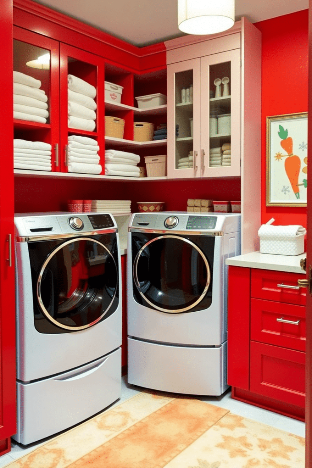 A vibrant red laundry room features sleek, organized storage solutions that maximize functionality. The room is equipped with built-in cabinets and shelves, showcasing neatly folded towels and laundry supplies for a tidy appearance. A large, modern washer and dryer sit side by side, complemented by a spacious countertop for sorting and folding clothes. The walls are adorned with cheerful artwork, while a stylish rug adds warmth to the space.