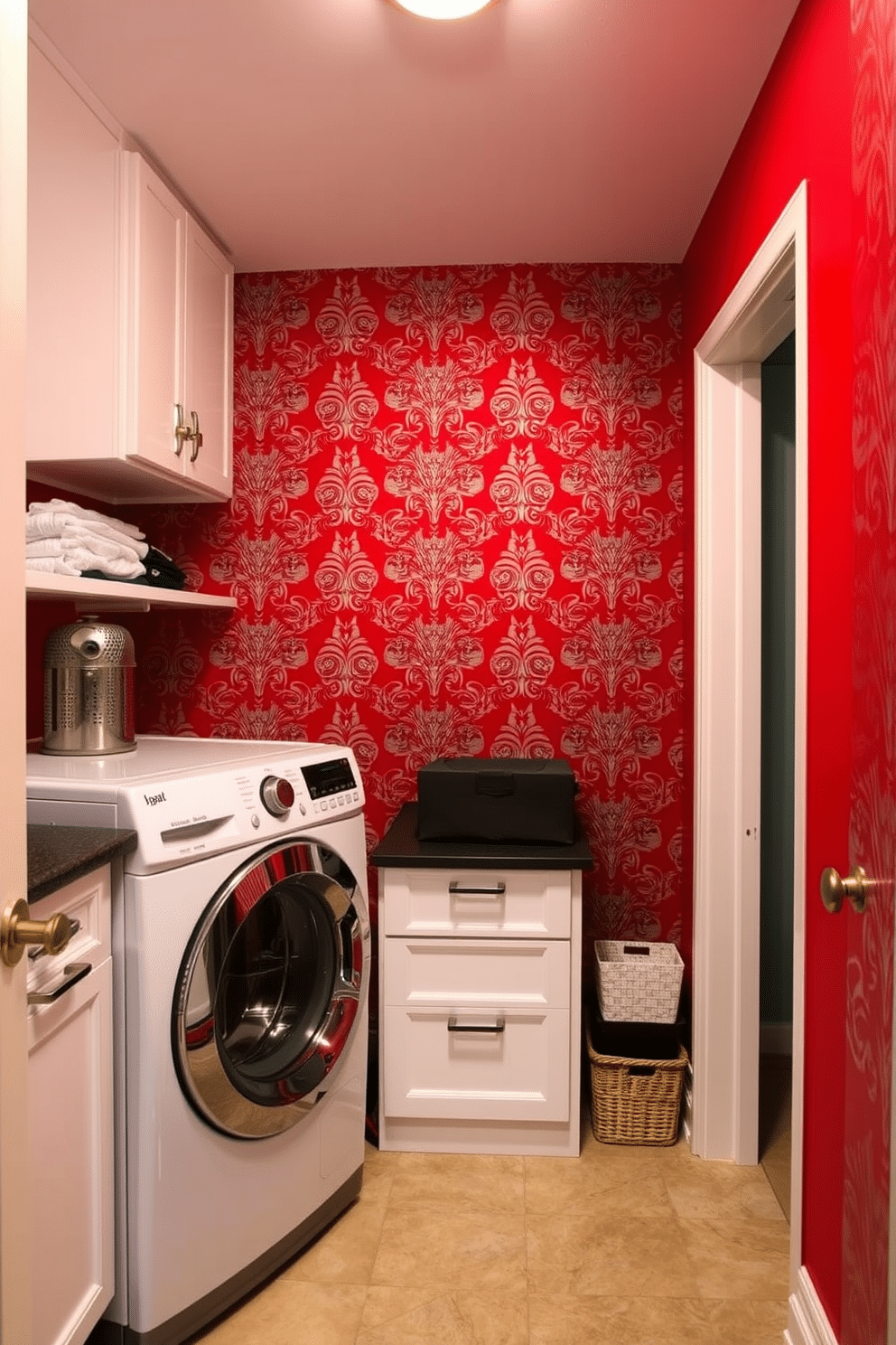 A vibrant laundry room features a striking red accent wall adorned with intricate patterned wallpaper, creating a bold focal point. The space is equipped with modern appliances, including a sleek washer and dryer, complemented by stylish storage solutions and a functional folding area.