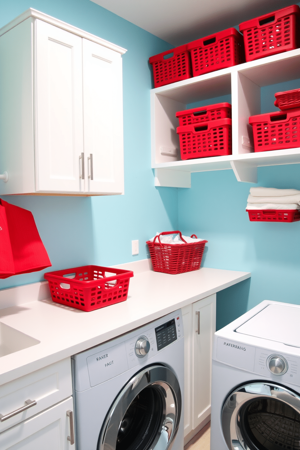 A vibrant laundry room featuring open shelving adorned with neatly arranged red storage baskets. The walls are painted in a cheerful light blue, complementing the bright white cabinetry and countertops.