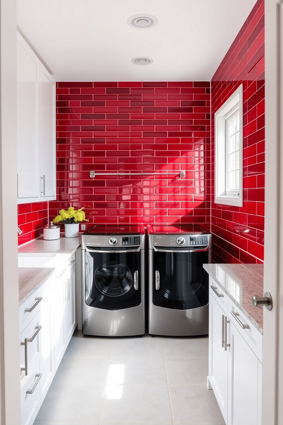 A vibrant laundry room featuring a striking red tile backsplash that contrasts beautifully with sleek white cabinets. The space is illuminated by natural light streaming through a window, highlighting a stylish washer and dryer set with modern finishes.