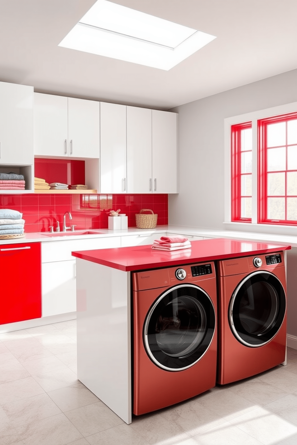 A bright red laundry island serves as the centerpiece of a modern laundry room, featuring a spacious countertop for folding and organizing clothes. The island is complemented by sleek white cabinetry and a stylish backsplash that adds a touch of elegance to the vibrant space. The walls are painted in a soft gray, providing a neutral backdrop that enhances the boldness of the red island. Natural light floods the room through large windows, creating a cheerful and inviting atmosphere perfect for tackling laundry tasks.