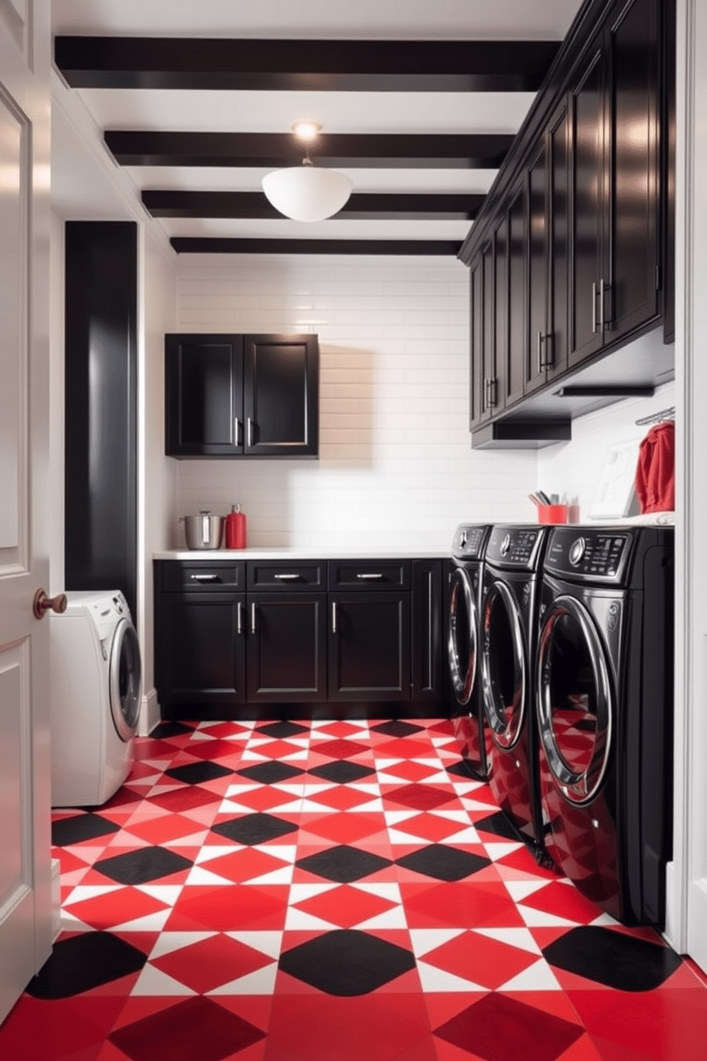 A vibrant laundry room featuring red and black checkered floor tiles that create a bold and energetic atmosphere. The walls are painted in a crisp white, providing a striking contrast to the floor, while sleek black cabinetry offers ample storage space.