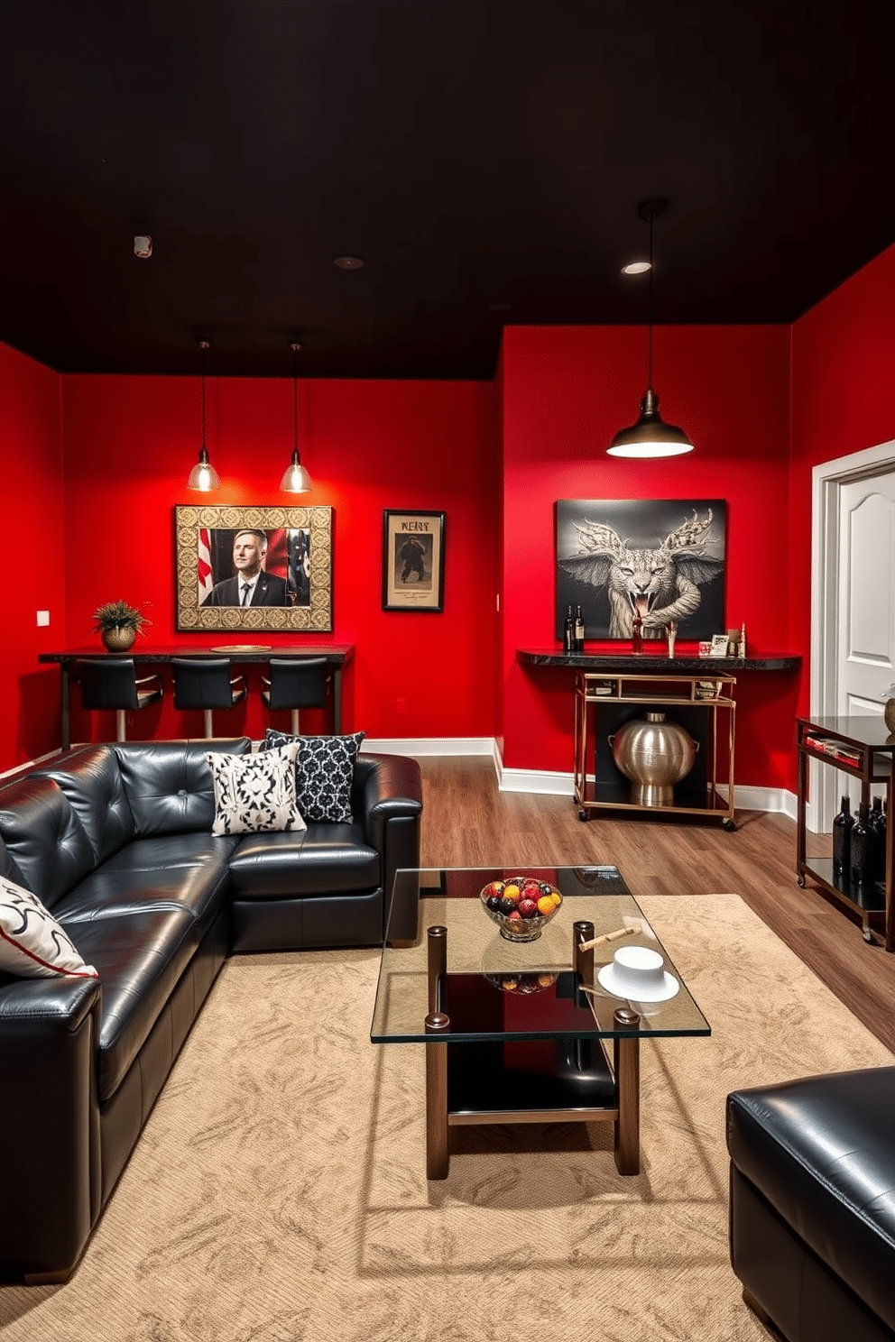 A striking man cave featuring a bold red accent wall that serves as the focal point of the room. The space is furnished with a plush black leather sectional sofa and a sleek glass coffee table, creating a perfect spot for relaxation and entertainment. In one corner, a stylish bar area is equipped with high-top stools and a modern bar cart, ideal for hosting friends. The lighting is dimmed with industrial-style pendant lights, adding a warm and inviting ambiance to the overall design.