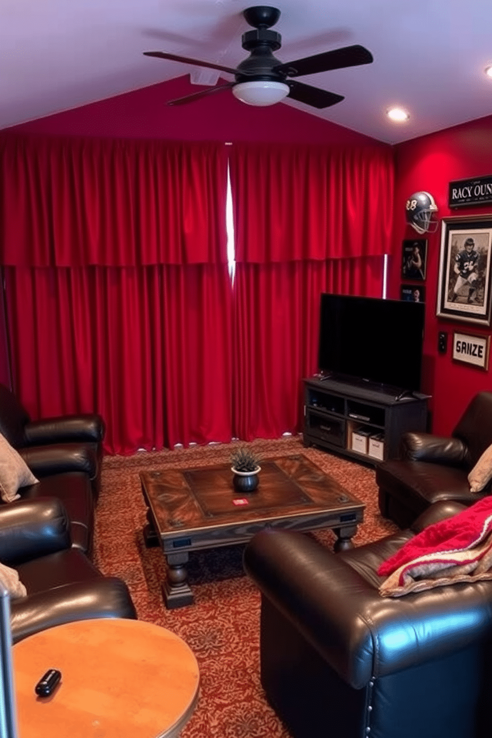 A cozy man cave featuring rich red curtains that block out light, creating an intimate atmosphere. The room is adorned with plush leather seating and a rustic wooden coffee table, perfect for entertaining friends. The walls are decorated with vintage sports memorabilia and framed artwork, enhancing the masculine vibe. Soft ambient lighting complements the deep red tones, while a large flat-screen TV is the focal point for movie nights and gaming sessions.