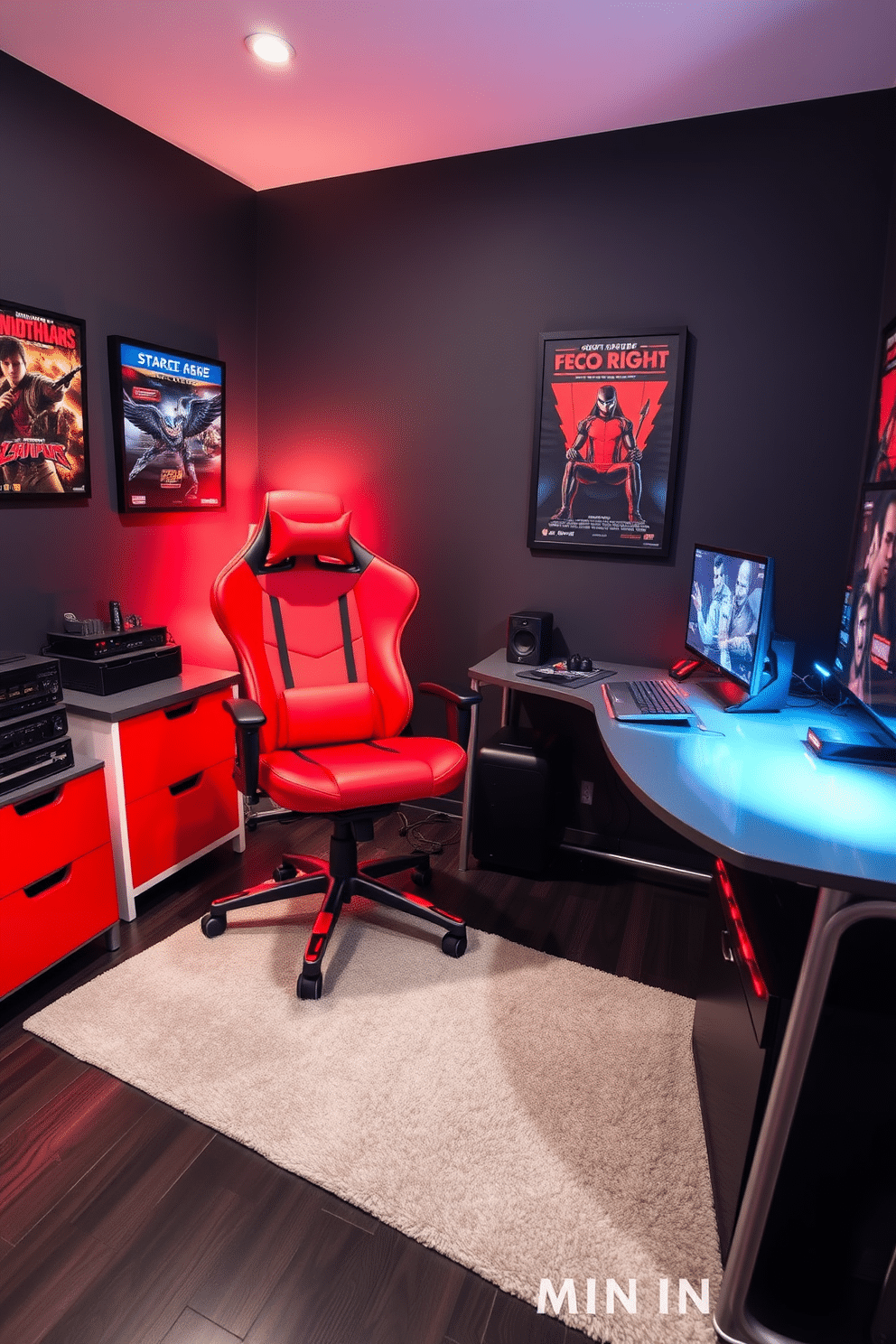 A striking red gaming chair is positioned in the center of a stylish man cave, designed for ultimate comfort and immersion. The chair features ergonomic support, complemented by a sleek gaming desk adorned with high-tech accessories and ambient LED lighting. The walls of the man cave are painted a deep charcoal gray, creating a dramatic backdrop for vibrant red accents throughout the space. A plush area rug in a geometric pattern anchors the room, while framed posters of classic video games add a personal touch to the decor.