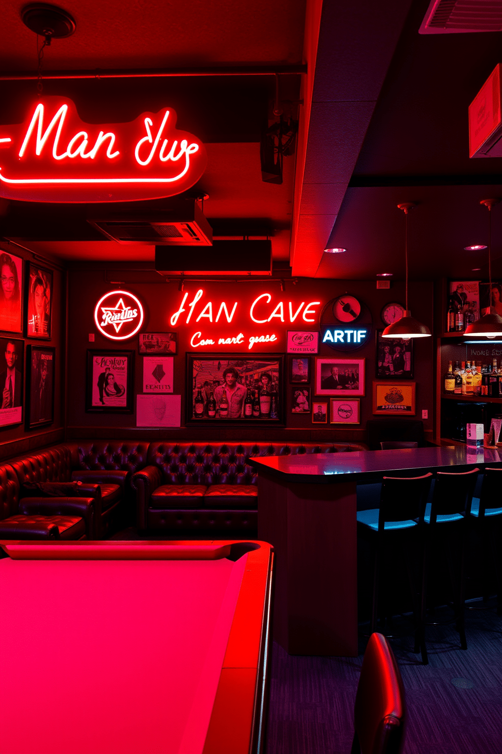 A vibrant man cave featuring red neon signs that illuminate the space with a retro vibe. The walls are adorned with vintage posters, and plush leather seating creates a cozy atmosphere for relaxation and entertainment. The bar area boasts a sleek countertop with high stools, complemented by shelves stocked with an array of spirits. Ambient lighting enhances the nostalgic feel, while a pool table adds a playful touch to the overall design.