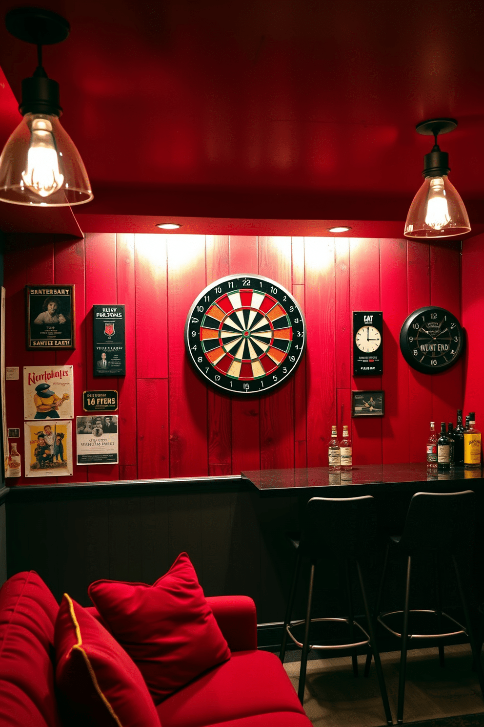 A vibrant red-themed dartboard is mounted on a wall adorned with rustic wooden panels, creating a lively focal point for entertainment. Surrounding the dartboard, vintage posters and memorabilia add character, while a plush red sofa invites friends to relax and enjoy the game. The man cave features deep red walls that evoke warmth and excitement, complemented by low-hanging industrial-style lighting. A sleek bar area, complete with high stools and a selection of spirits, enhances the space, making it perfect for hosting gatherings and game nights.