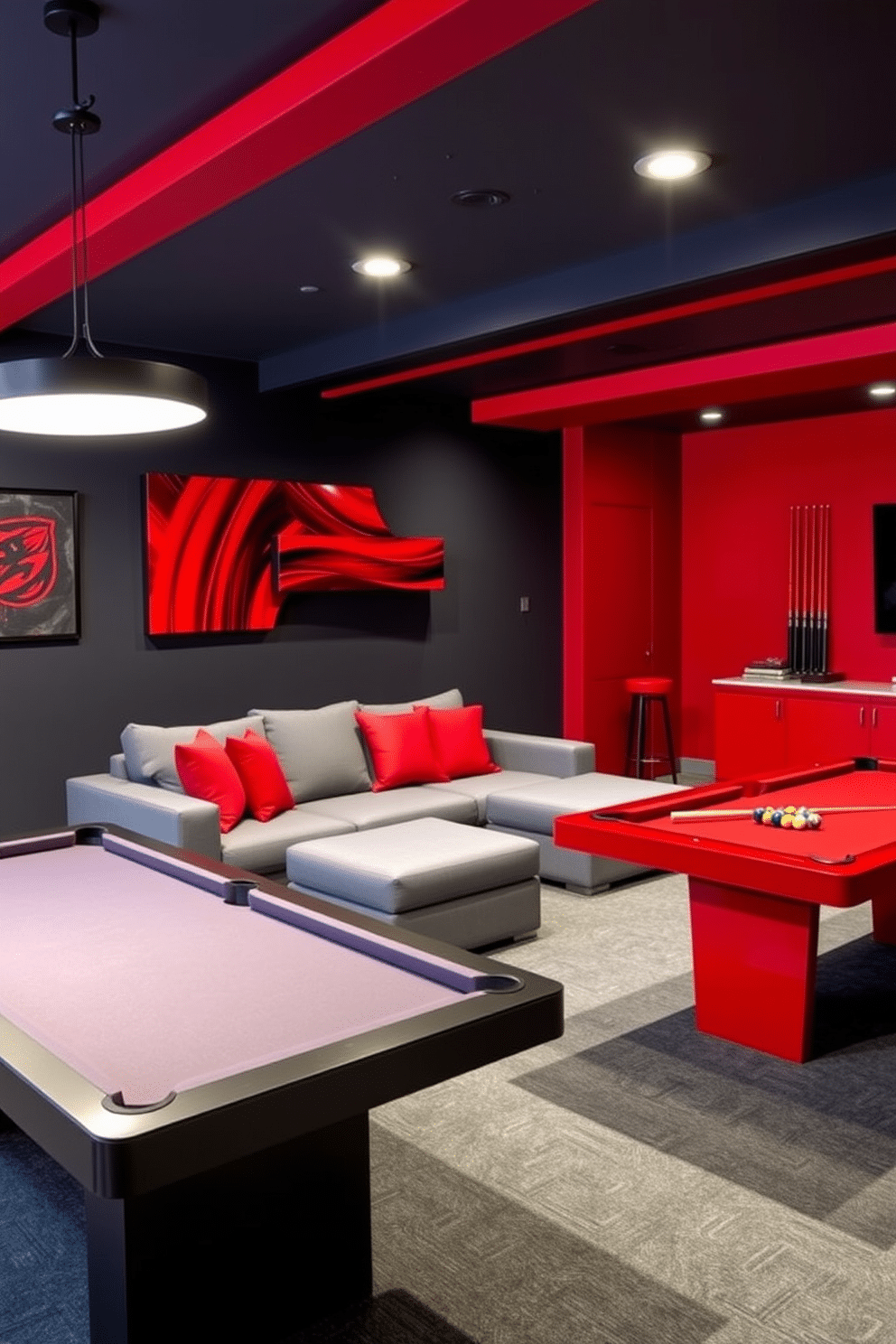 A modern man cave designed with a striking red and gray color scheme. The walls are painted a deep charcoal gray, while bold red accents are incorporated through furniture and decor items. A plush gray sectional sofa is positioned in the center, adorned with red throw pillows for a pop of color. A sleek red pool table takes up one corner, complemented by gray felt and stylish lighting overhead.