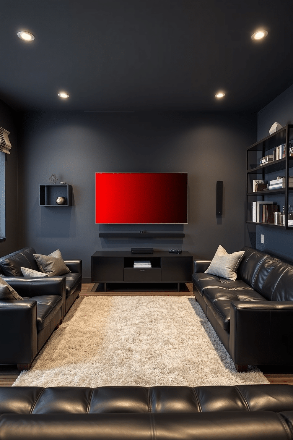 A sleek man cave featuring a red wall-mounted TV as the focal point. The space is designed with dark leather seating and industrial-style shelving, creating a modern yet cozy atmosphere. The walls are painted a deep gray to contrast with the vibrant red of the TV. Ambient lighting enhances the mood, while a plush area rug adds warmth underfoot.