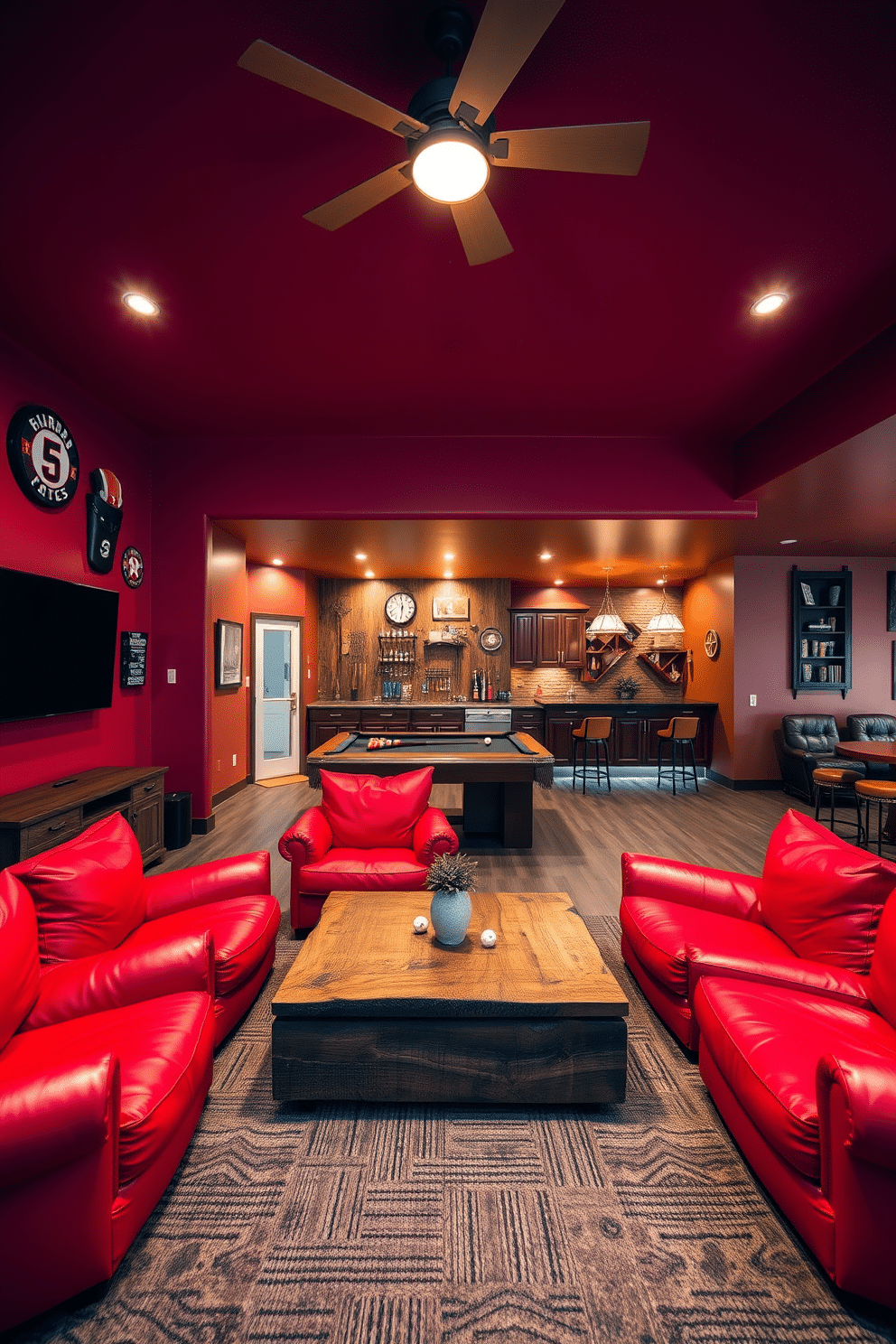 A cozy entertainment space featuring vibrant red bean bags arranged around a low, rustic wooden coffee table. The walls are adorned with sports memorabilia, and a large flat-screen TV is mounted above a sleek media console. A stylish man cave designed for relaxation and leisure, showcasing a deep red color palette with leather accents. The room includes a bar area with high stools, a pool table, and ambient lighting that creates a warm, inviting atmosphere.