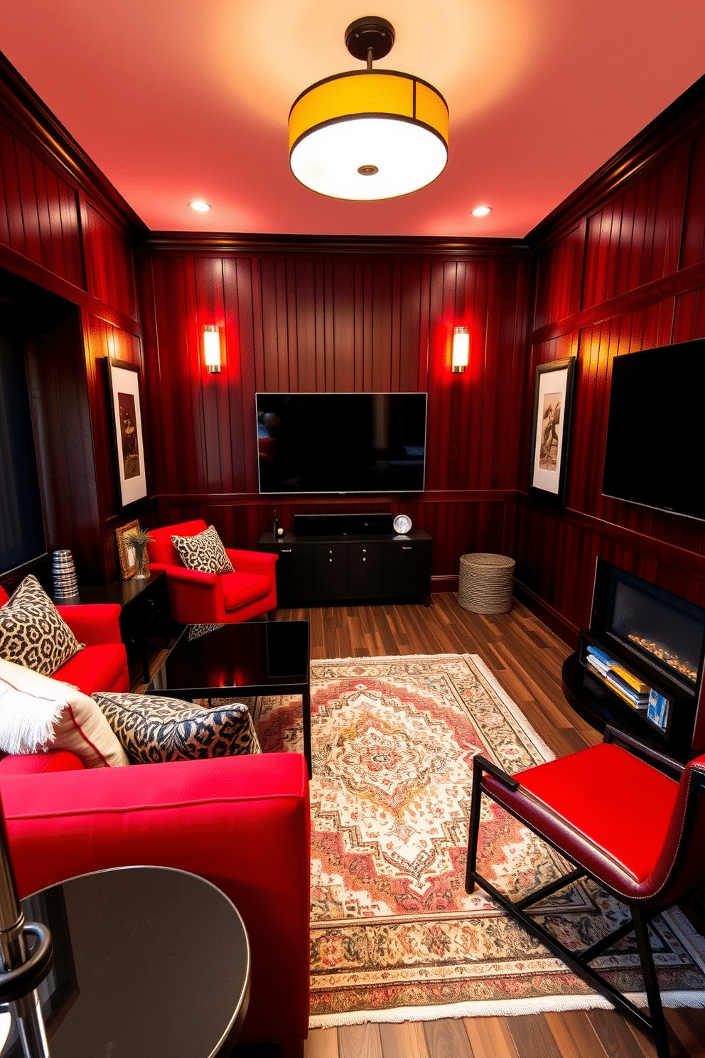 A stylish man cave featuring bold red accent furniture that adds vibrant pops of color throughout the space. The room includes a plush red sofa, complemented by a sleek black coffee table and a large flat-screen TV mounted on the wall. The walls are adorned with dark wood paneling, creating a cozy atmosphere, while a vintage rug anchors the seating area. Ambient lighting fixtures cast a warm glow, enhancing the inviting feel of this sophisticated retreat.