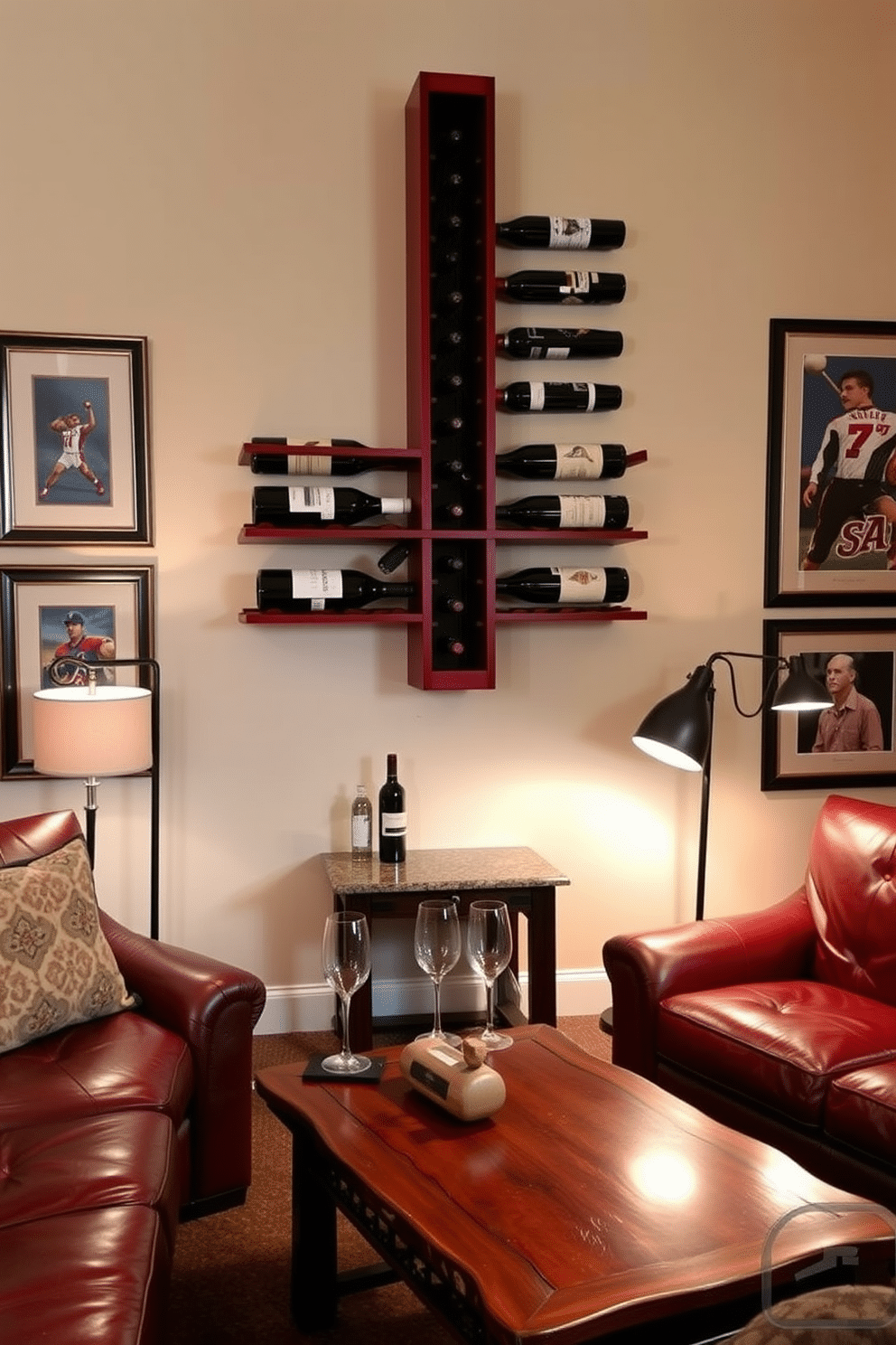 A sleek red wine rack made of dark wood is mounted on the wall, showcasing an elegant display of wine bottles. Below, a small, polished granite countertop serves as a tasting area, adorned with two crystal wine glasses and a decorative cork holder. The man cave features rich leather seating arranged around a rustic wooden coffee table, creating a cozy gathering space. Ambient lighting from stylish floor lamps casts a warm glow, while framed sports memorabilia and art pieces add personality to the walls.