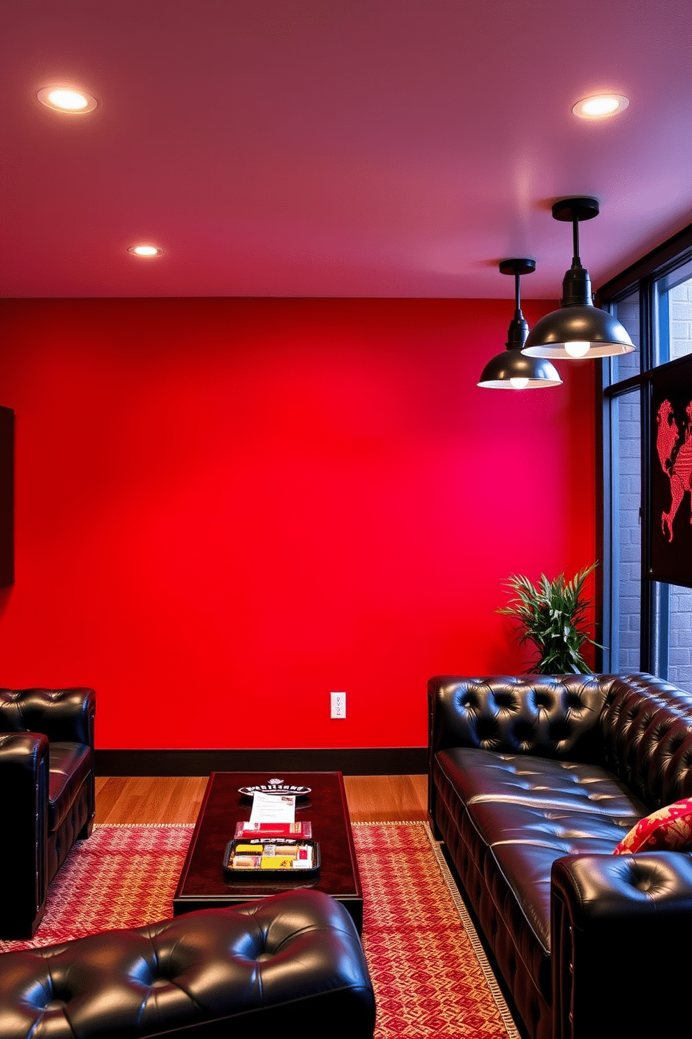 Red-themed wall decals for personality. The walls are adorned with bold, abstract red decals that create a vibrant focal point in the room. Red Man Cave Design Ideas. The space features a rich red accent wall complemented by dark leather furniture and industrial-style lighting fixtures.