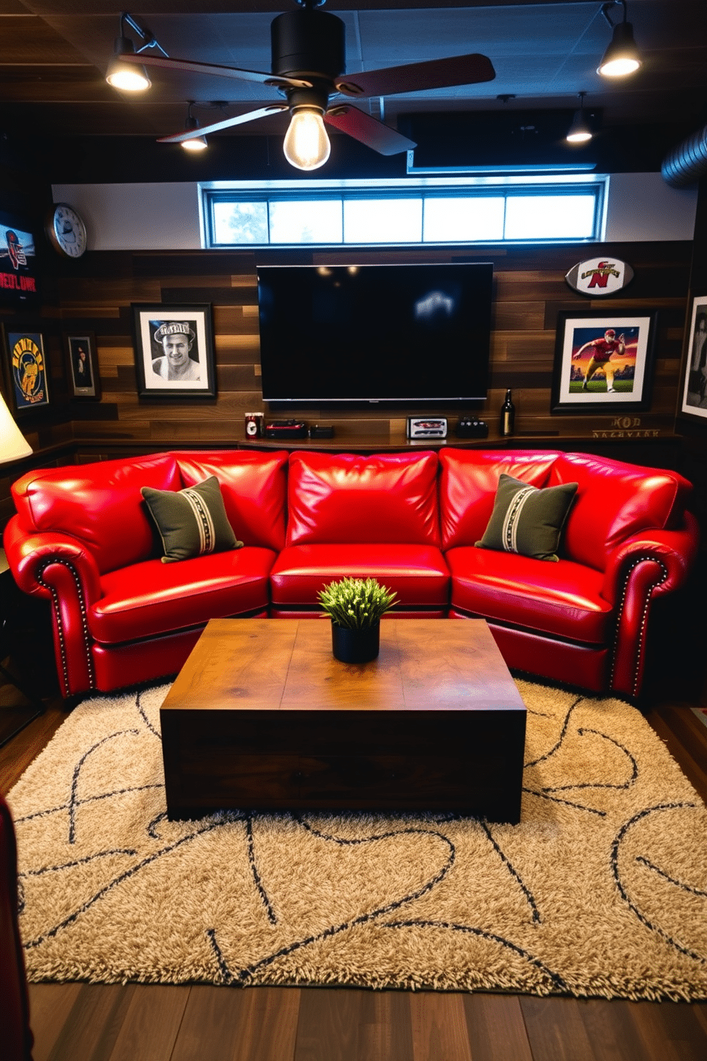 A bold man cave featuring a striking red leather couch that combines comfort and style, positioned in the center of the room. Surrounding the couch, dark wood accents and industrial lighting create a warm, inviting atmosphere, while a large flat-screen TV is mounted on the wall opposite. The walls are adorned with framed sports memorabilia and artwork, enhancing the personal touch of the space. A rustic coffee table made from reclaimed wood sits in front of the couch, complemented by a plush area rug that adds texture and warmth to the floor.