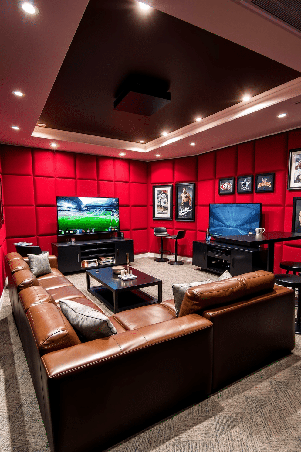 A stylish man cave featuring red acoustic panels lining the walls for optimal soundproofing. The space includes a plush leather sectional sofa, a sleek coffee table, and a large flat-screen TV mounted above a modern media console. The room is illuminated by soft, adjustable lighting that creates a cozy atmosphere. A mini bar with high stools is positioned in one corner, complemented by framed sports memorabilia adorning the walls.