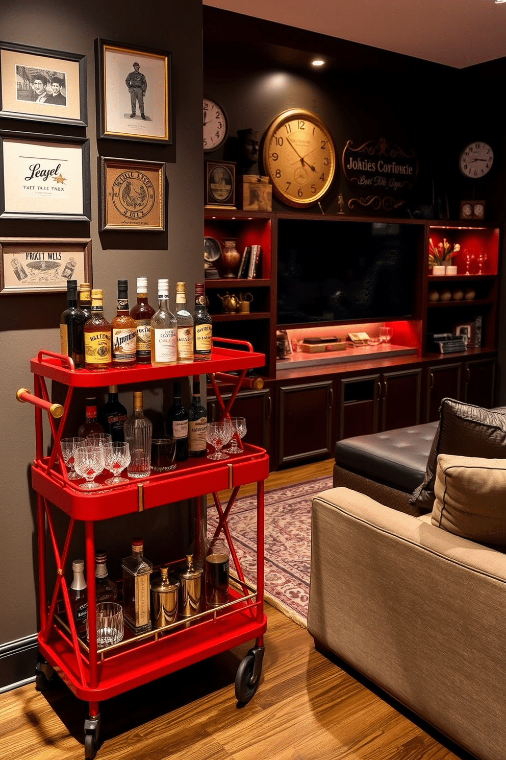 A vibrant red bar cart stands elegantly in the corner, adorned with an array of premium spirits and stylish glassware. The cart features gold accents and a sleek design, making it a focal point for entertaining guests. The man cave is designed with deep, rich colors and plush seating to create a cozy retreat. A large sectional sofa faces a state-of-the-art entertainment system, surrounded by vintage memorabilia and ambient lighting for a relaxed atmosphere.