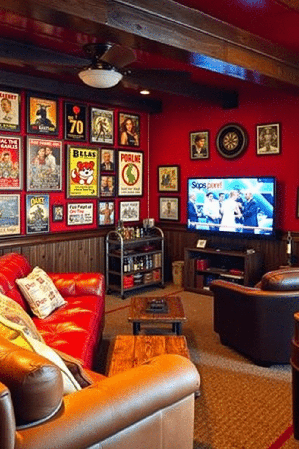 Red vintage posters for nostalgic decor. The walls are adorned with an array of framed red vintage posters, showcasing classic movies and retro advertisements. A cozy seating area features a deep red leather sofa paired with a distressed wooden coffee table, creating a warm and inviting atmosphere. Red Man Cave Design Ideas. The space is highlighted by a bold red accent wall, complemented by dark wood paneling and plush seating arrangements. A vintage bar cart sits in the corner, stocked with an assortment of spirits, while a large flat-screen TV dominates the entertainment area, perfect for game nights.