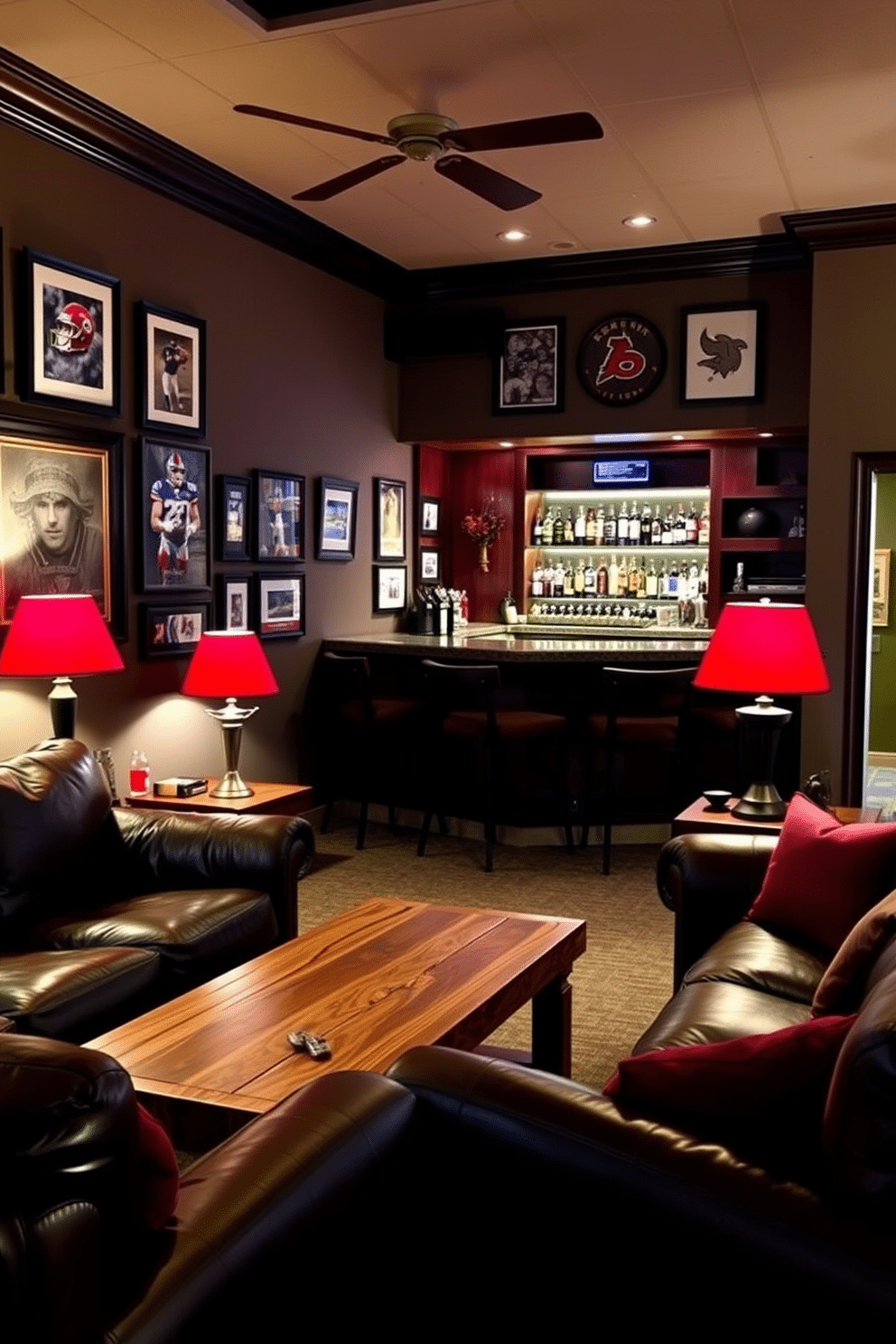 A cozy man cave designed for relaxation features deep, plush seating in rich, dark leather, complemented by a rustic wooden coffee table. The space is illuminated by stylish red table lamps that cast a warm, inviting glow, enhancing the ambiance for movie nights or game days. The walls are adorned with framed sports memorabilia and artwork, creating a personal touch that reflects the owner's passions. A well-stocked bar area with high stools and shelves of drinks adds functionality and flair to the design, making it a perfect retreat for entertaining friends.