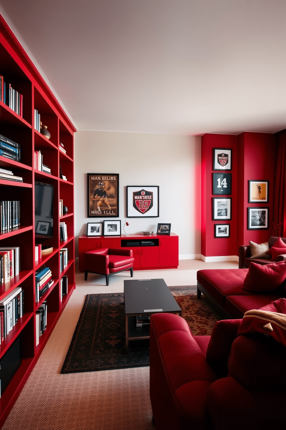 A striking red-themed bookshelf serves as the focal point of the room, showcasing an array of books and decorative items. The bold color creates a vibrant contrast against the neutral walls, adding a touch of literary flair to the space. The man cave is designed with deep red accents, featuring a plush sectional sofa and a sleek coffee table. Walls adorned with framed sports memorabilia and a large screen for movie nights create an inviting atmosphere for relaxation and entertainment.