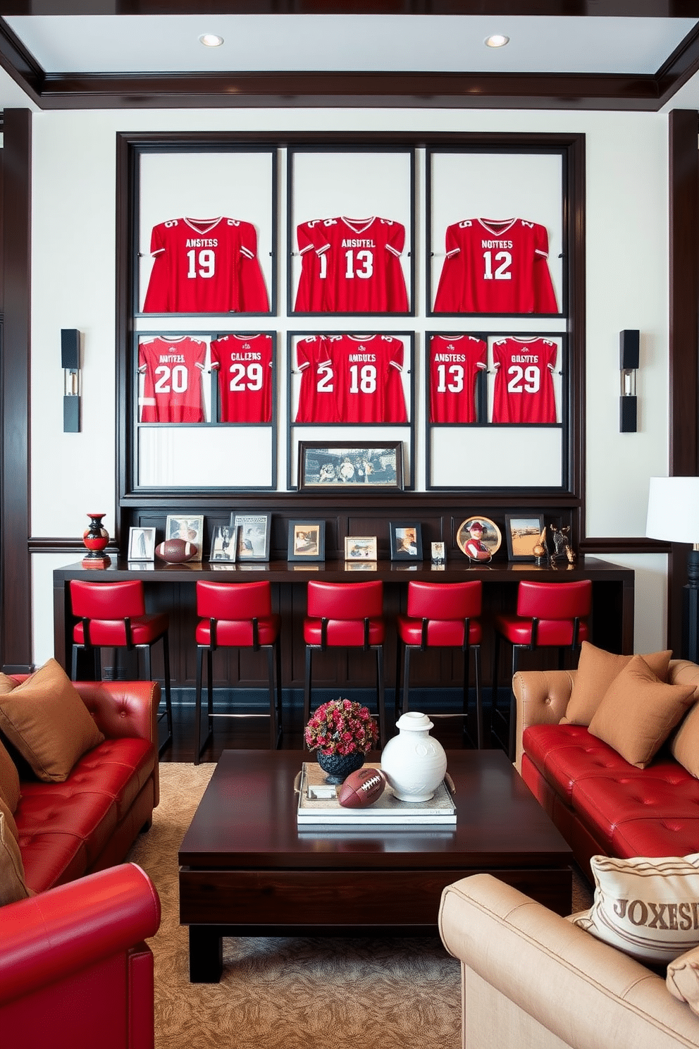 A striking display of red sports jerseys is arranged artistically on a feature wall, framed in sleek black frames that enhance their vibrant color. Below the jerseys, a low-profile console table showcases memorabilia, including signed footballs and photographs, creating a dynamic focal point. The man cave is designed with a rich, dark wood bar featuring high stools upholstered in deep red leather, complementing the theme. Plush, oversized sofas in neutral tones are strategically placed around a large coffee table, perfect for entertaining friends while enjoying the game.