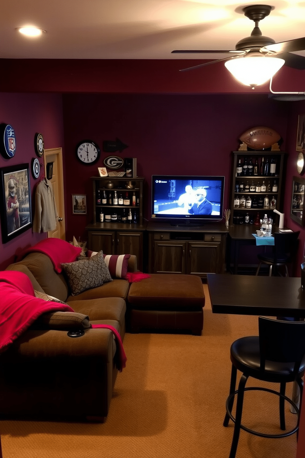 A cozy man cave featuring deep, rich colors with red throw blankets draped over a plush, oversized sectional sofa. The walls are adorned with sports memorabilia, and a large flat-screen TV is mounted above a rustic wooden media console. In one corner, a small bar area showcases dark wood shelves filled with various spirits, complemented by stylish bar stools. Ambient lighting casts a warm glow, enhancing the inviting atmosphere perfect for relaxation and entertaining.