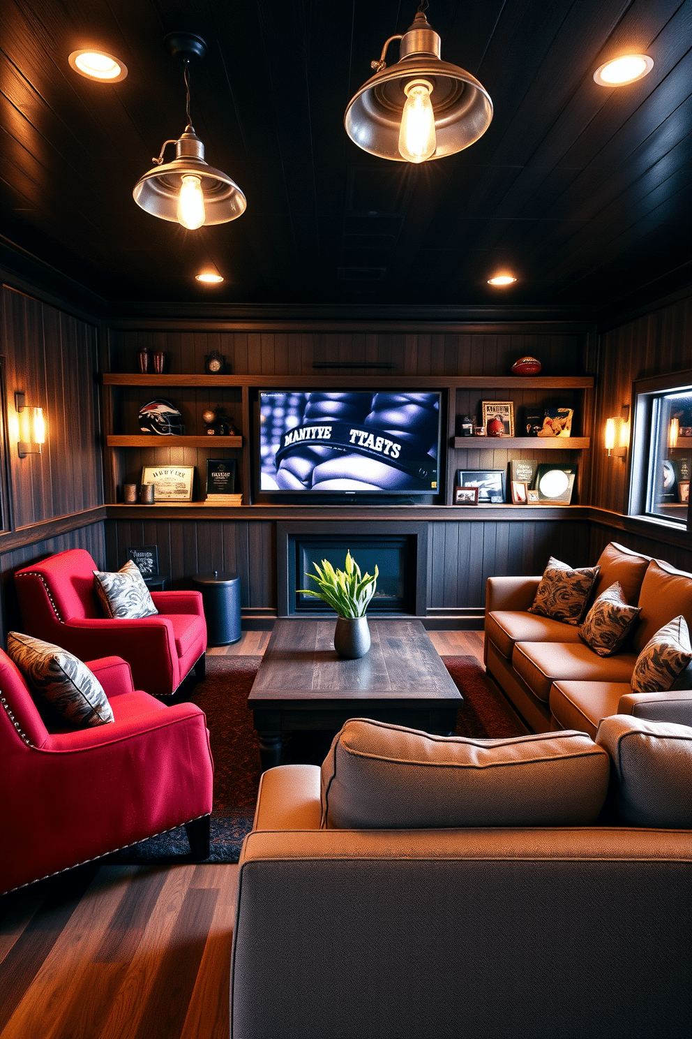 A cozy man cave featuring plush red accent chairs that invite relaxation and conversation. The walls are adorned with dark wood paneling, and a rustic coffee table sits at the center, surrounded by a large sectional sofa. Incorporate ambient lighting with industrial-style fixtures hanging from the ceiling. A mounted flat-screen TV is positioned for optimal viewing, and shelves filled with sports memorabilia add a personal touch.