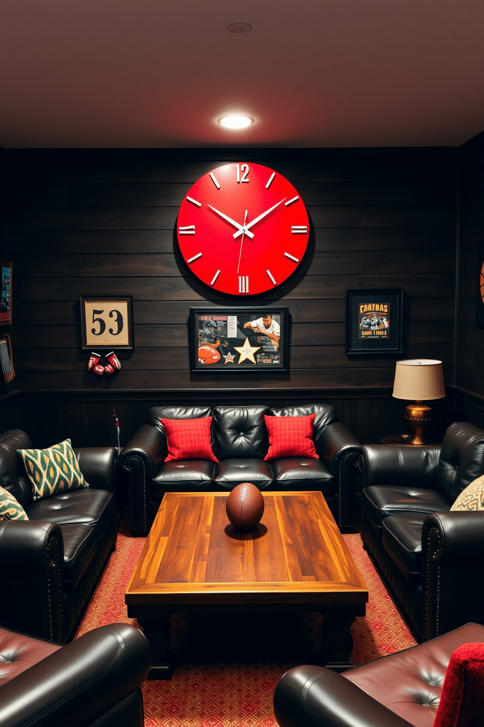 A striking red wall clock serves as both a functional timepiece and a bold decor statement in the room. It features a sleek design with minimalist hour and minute hands, set against a vibrant red background that complements the overall color scheme. The man cave is designed to be a cozy retreat, featuring plush leather seating arranged around a rustic wooden coffee table. Dark wood paneling and ambient lighting create an inviting atmosphere, while sports memorabilia and artwork add a personal touch to the space.