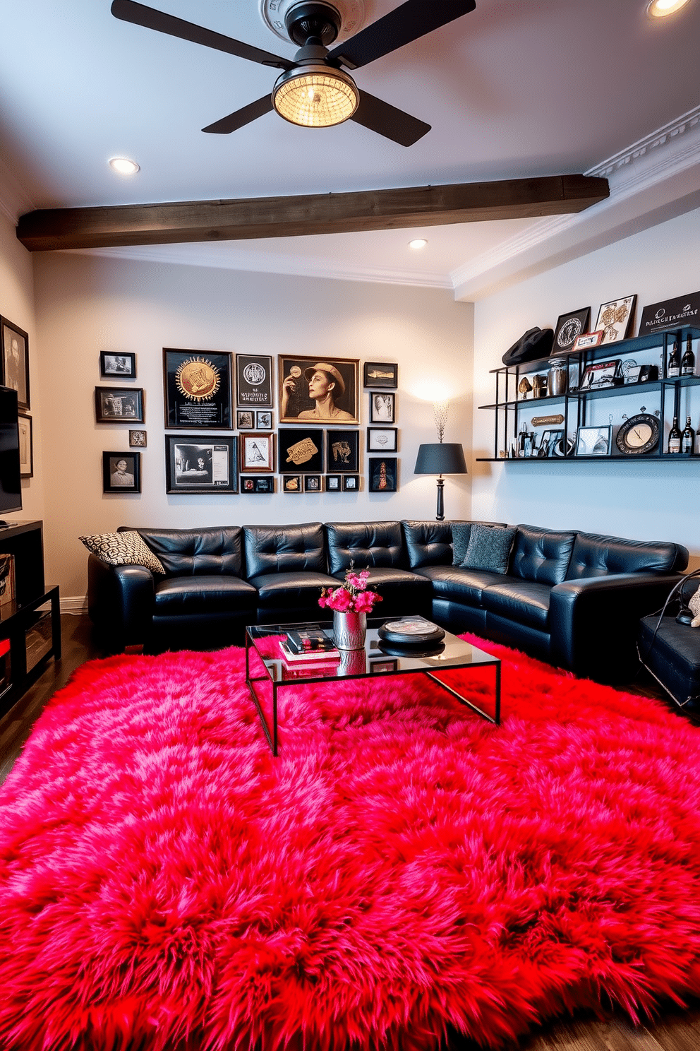 A luxurious man cave featuring a vibrant red faux fur rug that adds warmth and comfort to the space. The room is equipped with a plush leather sectional sofa, a sleek coffee table, and wall-mounted shelves displaying an impressive collection of memorabilia.