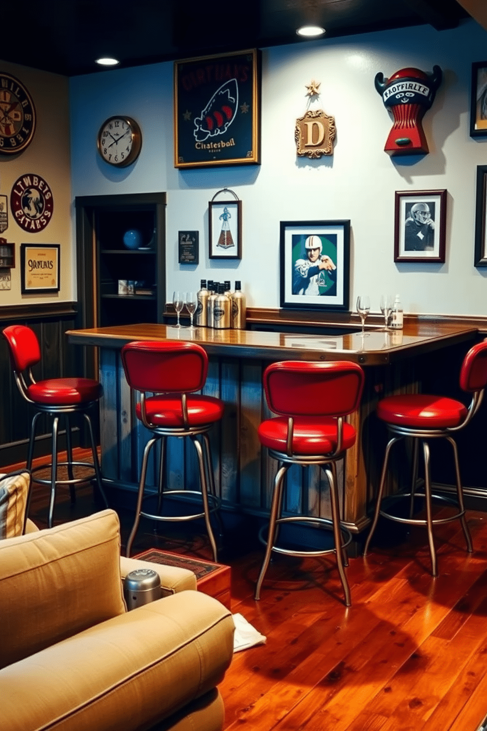 A cozy man cave featuring vintage red bar stools arranged around a rustic wooden bar. The walls are adorned with vintage sports memorabilia, and soft lighting creates an inviting atmosphere. The bar area includes a wooden countertop with a polished finish, complemented by retro-style glassware. A plush area rug in warm tones anchors the seating, while framed artwork adds character to the space.