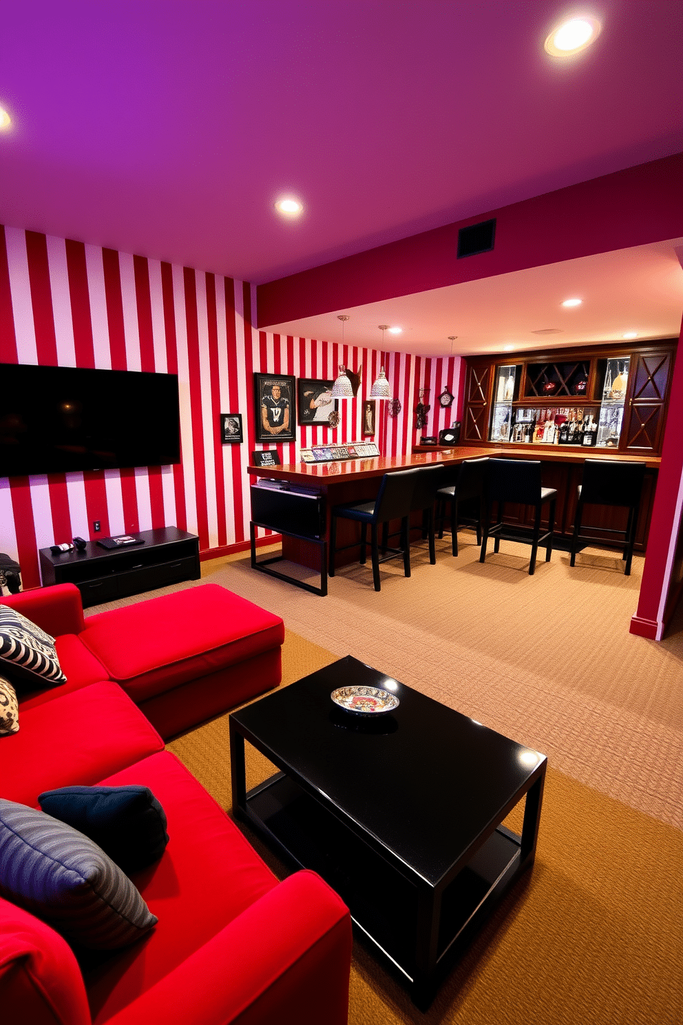 A vibrant man cave featuring red and white striped wallpaper that adds a playful touch to the space. The room is equipped with a plush red sectional sofa, a sleek black coffee table, and a large flat-screen TV mounted on the wall. In one corner, a stylish bar area showcases high-top stools and a wooden bar with a polished finish. The decor includes sports memorabilia and ambient lighting that creates a cozy and inviting atmosphere.