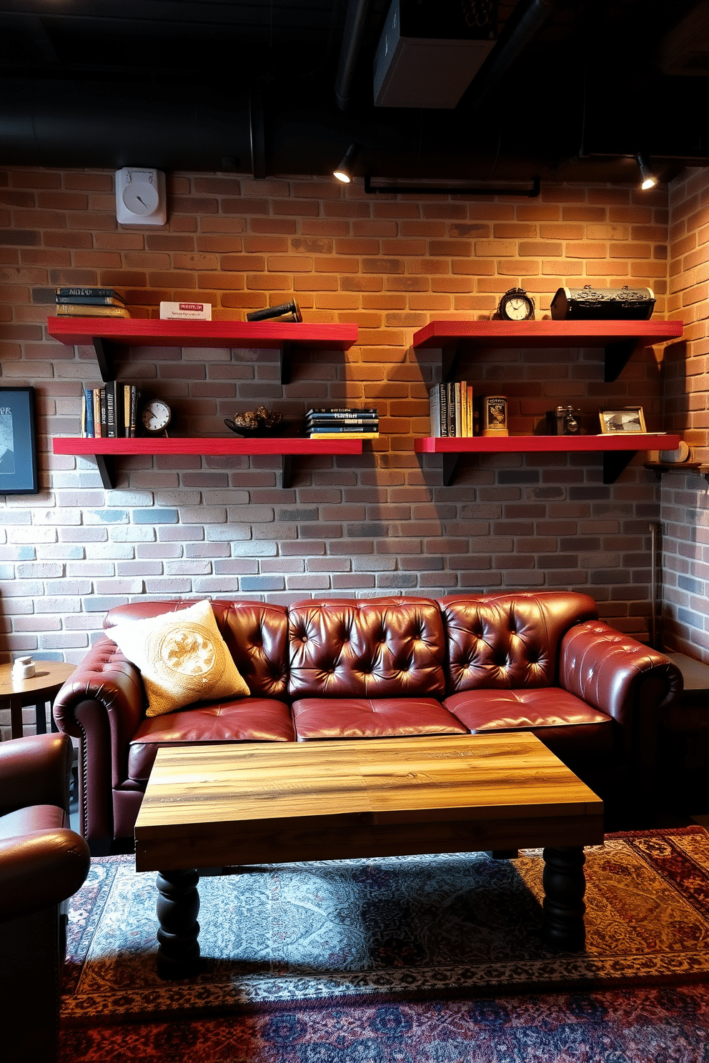 A cozy man cave featuring rustic red wood shelves for storage, mounted on exposed brick walls. The space includes a plush leather sofa, a reclaimed wood coffee table, and ambient lighting that creates a warm, inviting atmosphere.