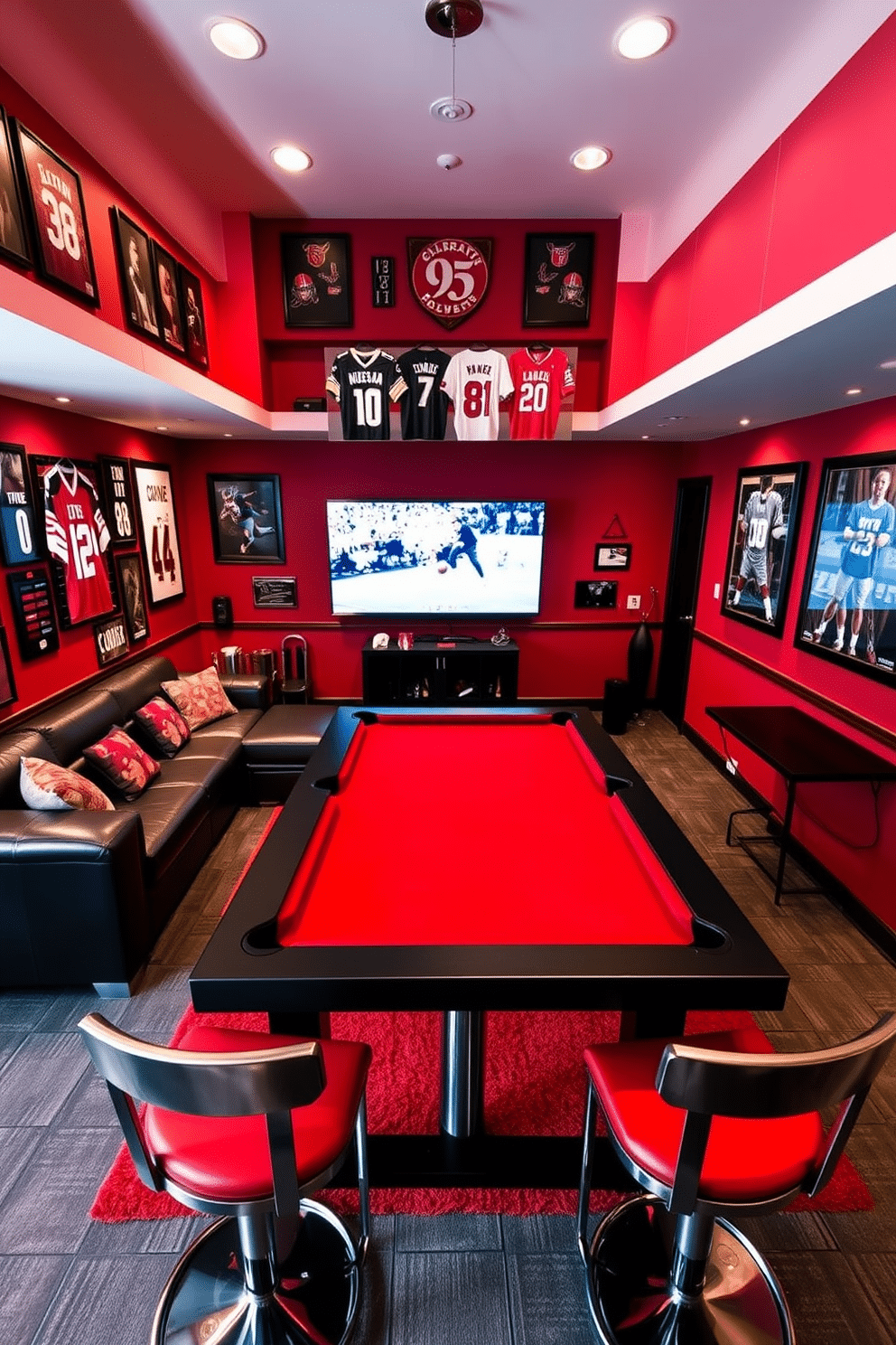 A striking man cave designed around a red and black theme, featuring a plush black leather sectional sofa positioned for optimal viewing of a large flat-screen TV. The walls are adorned with framed sports memorabilia, including jerseys and autographed photos, creating an immersive atmosphere for sports enthusiasts. A sleek black pool table occupies the center of the room, complemented by red felt and stylish bar stools that invite friendly competition. Ambient lighting highlights the memorabilia while providing a warm glow, enhancing the overall vibe of camaraderie and excitement.