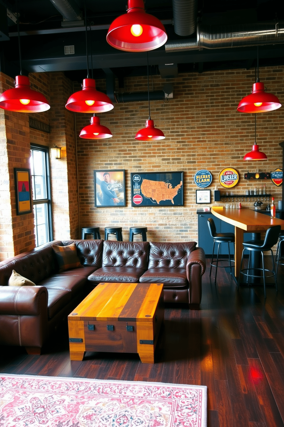 A stylish man cave featuring industrial red light fixtures that cast a warm, inviting glow throughout the space. The walls are adorned with exposed brick, and a plush leather sectional sofa is positioned around a reclaimed wood coffee table. In one corner, a sleek bar area is equipped with high stools and a rustic wooden bar top, complemented by vintage beer signs. The flooring is dark hardwood, enhancing the industrial vibe, while a large area rug adds comfort and style to the seating area.