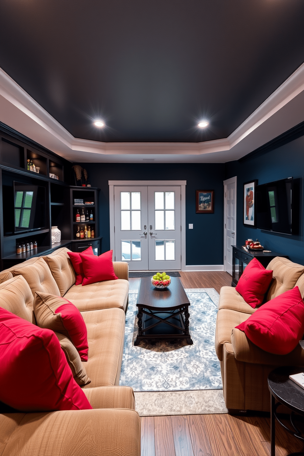 A cozy living space featuring a plush sofa adorned with vibrant red throw pillows that add warmth and comfort. The room is designed as a man cave, showcasing dark wood accents, a large flat-screen TV, and a mini bar stocked with beverages. The walls are painted in a deep navy blue, creating a rich backdrop for the red accents. A stylish area rug anchors the seating area, while framed sports memorabilia adds a personal touch to the decor.